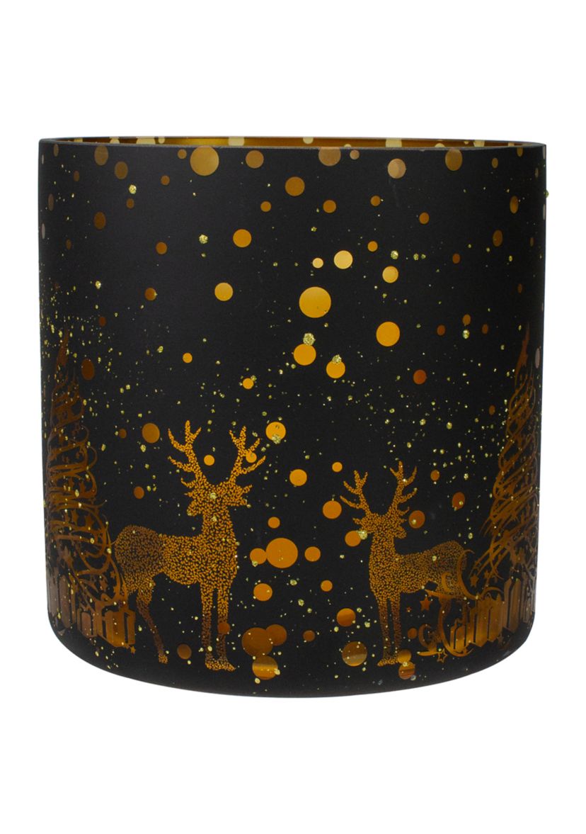 6Inch Black and Gold Deer and Pine Trees Flameless Glass Candle Holder
