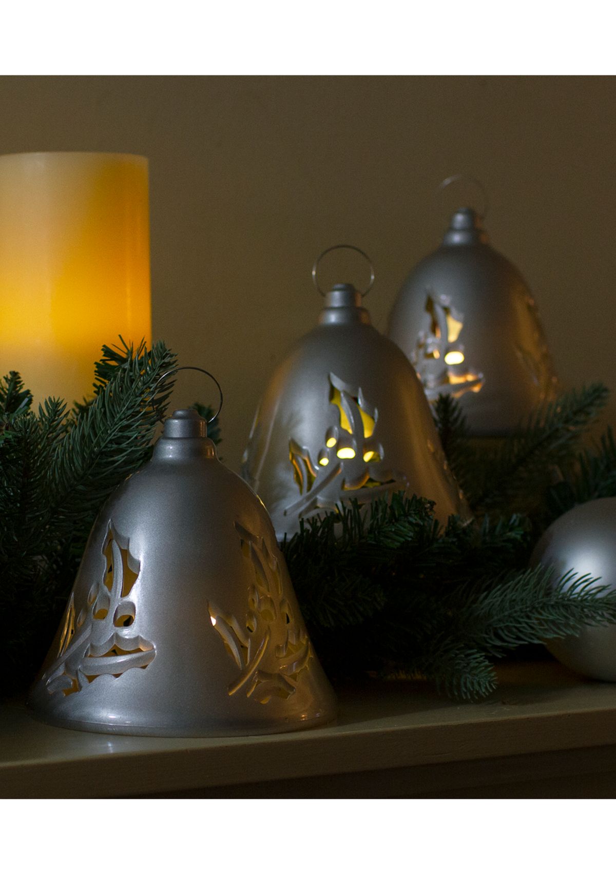 Set of 3 Musical Lighted Silver Bells Christmas Decorations  6.5Inch