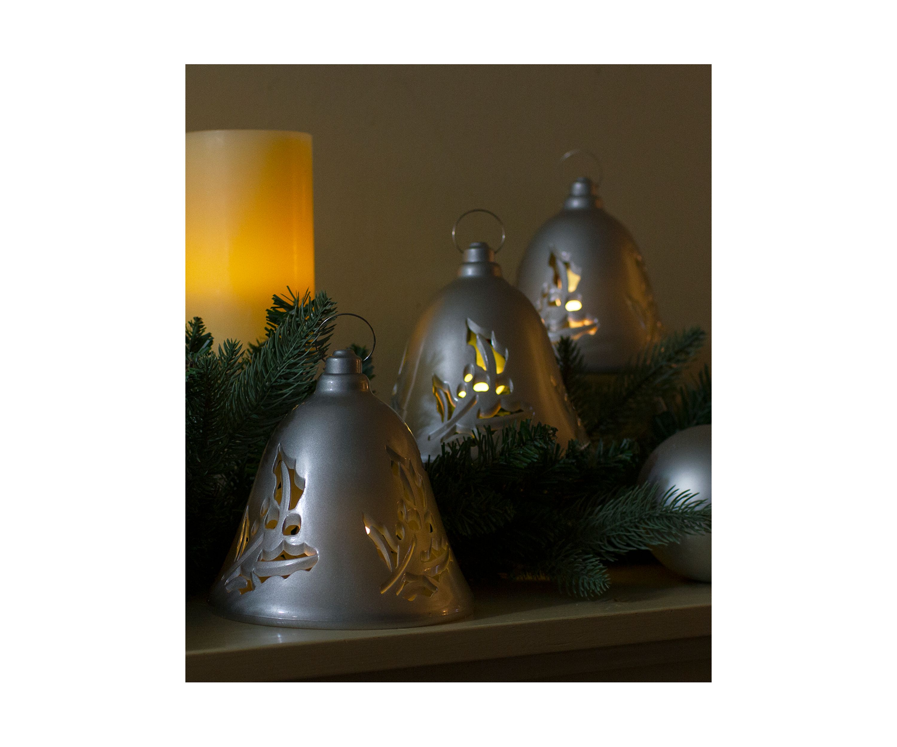 Set of 3 Musical Lighted Silver Bells Christmas Decorations  6.5Inch