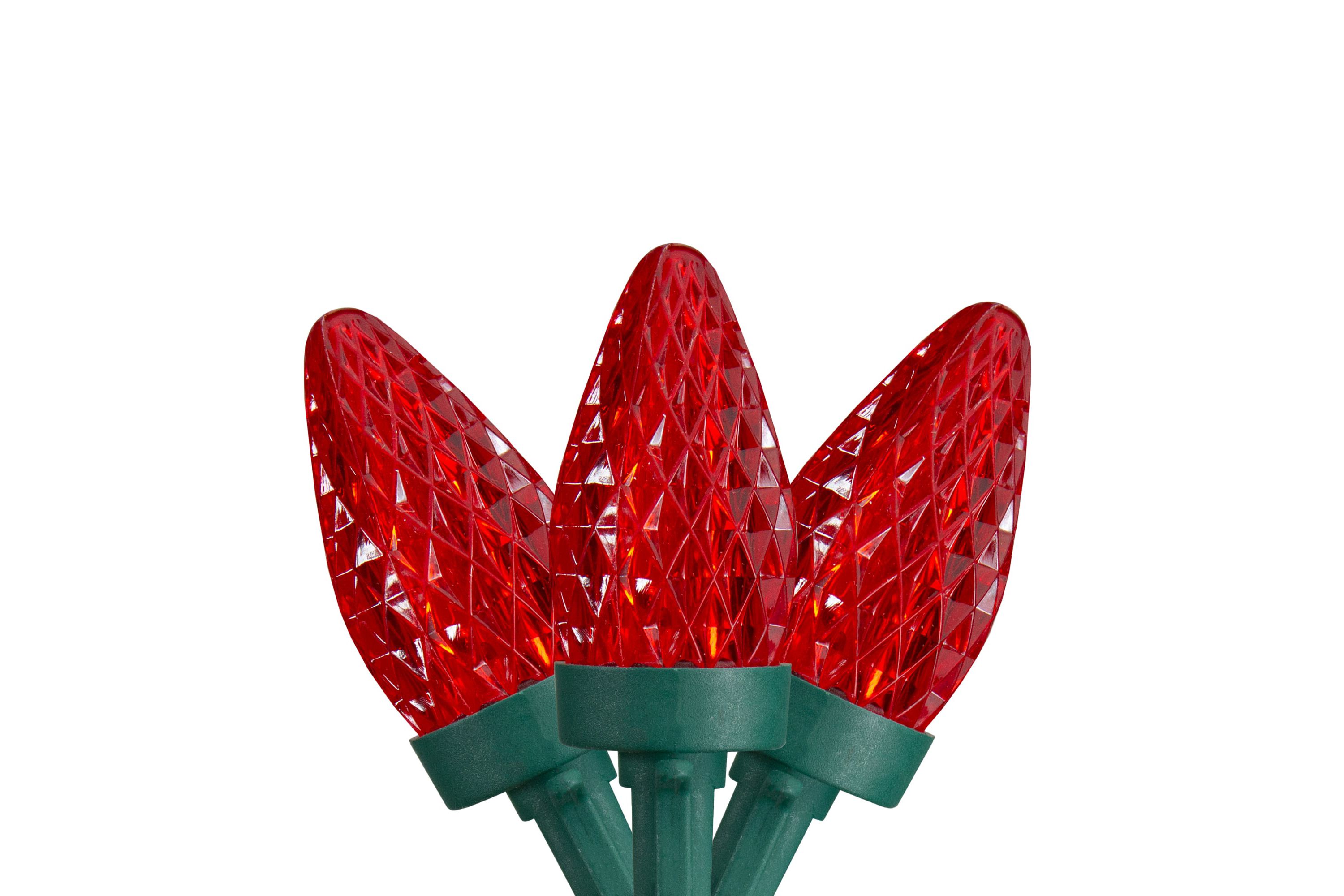 50ct Red LED C7 Faceted Christmas Lights 21ft Green Wire