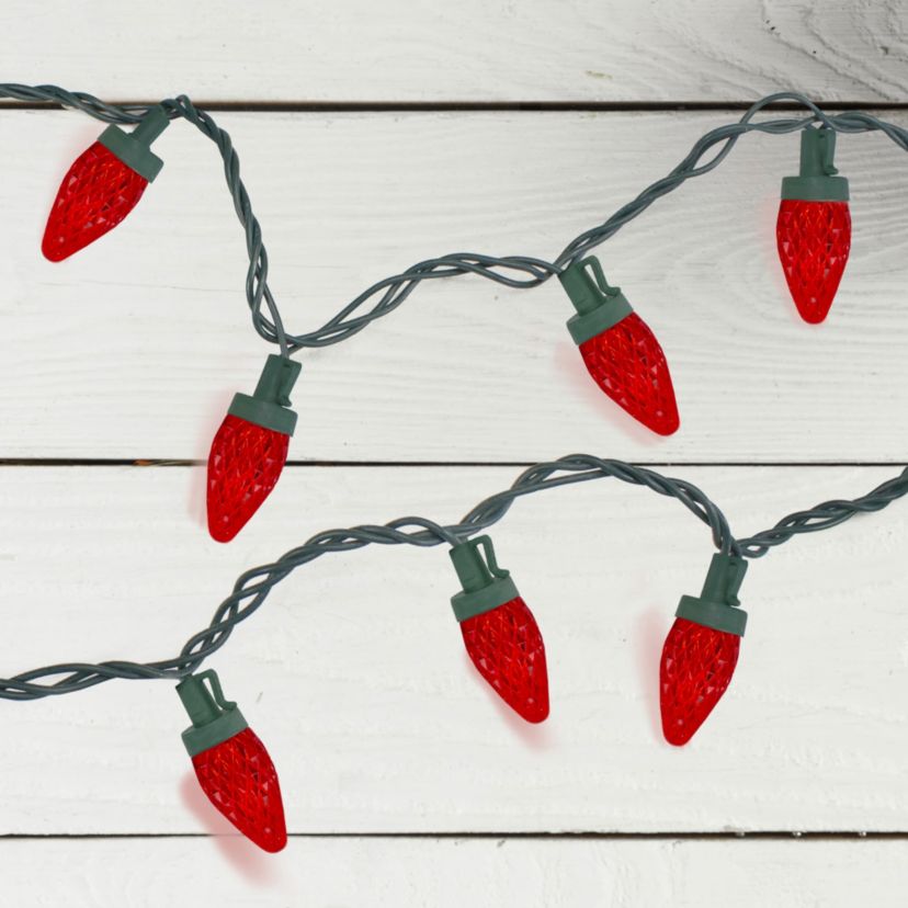 50ct Red LED C7 Faceted Christmas Lights 21ft Green Wire