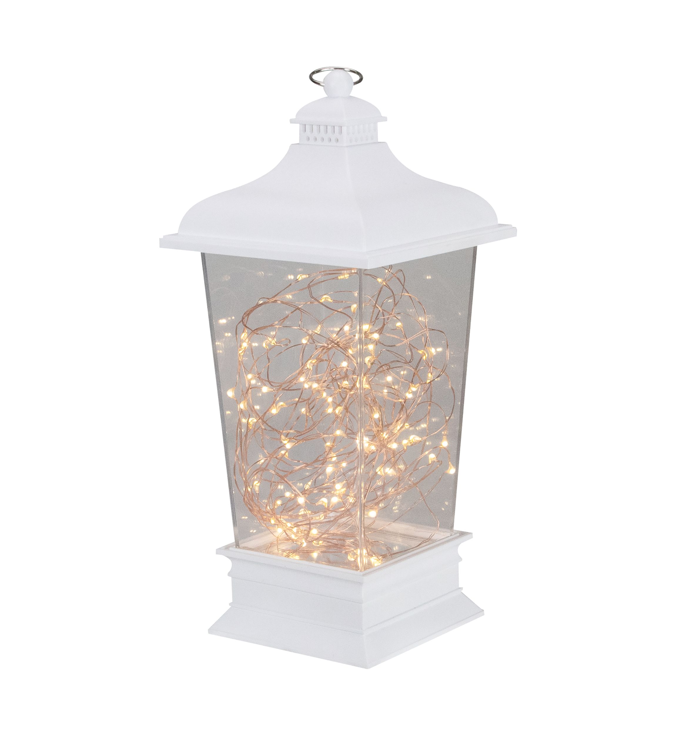 12Inch Battery Operated White Tapered Lantern with Rice Lights Tabletop Decoration