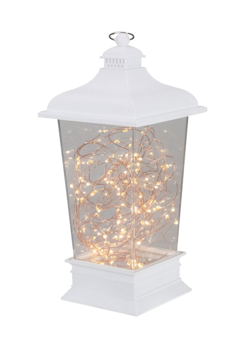 12Inch Battery Operated White Tapered Lantern with Rice Lights Tabletop Decoration