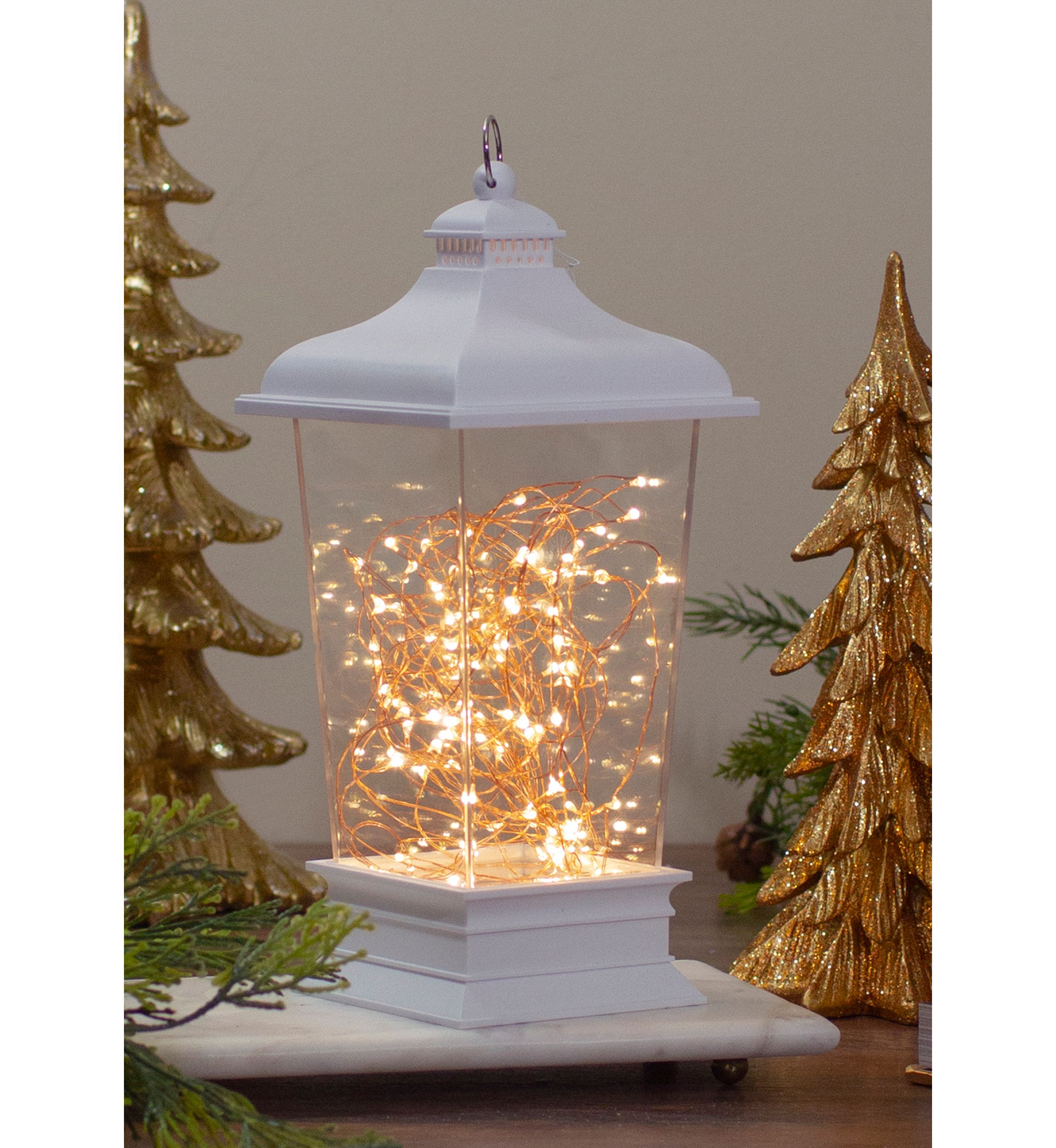 12Inch Battery Operated White Tapered Lantern with Rice Lights Tabletop Decoration