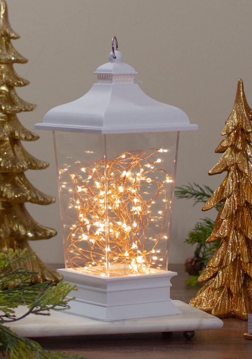 12Inch Battery Operated White Tapered Lantern with Rice Lights Tabletop Decoration