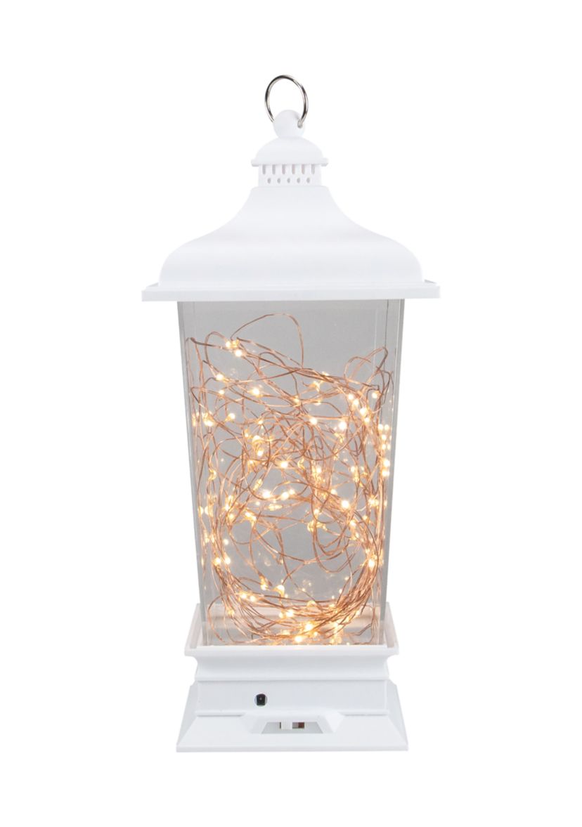 12Inch Battery Operated White Tapered Lantern with Rice Lights Tabletop Decoration