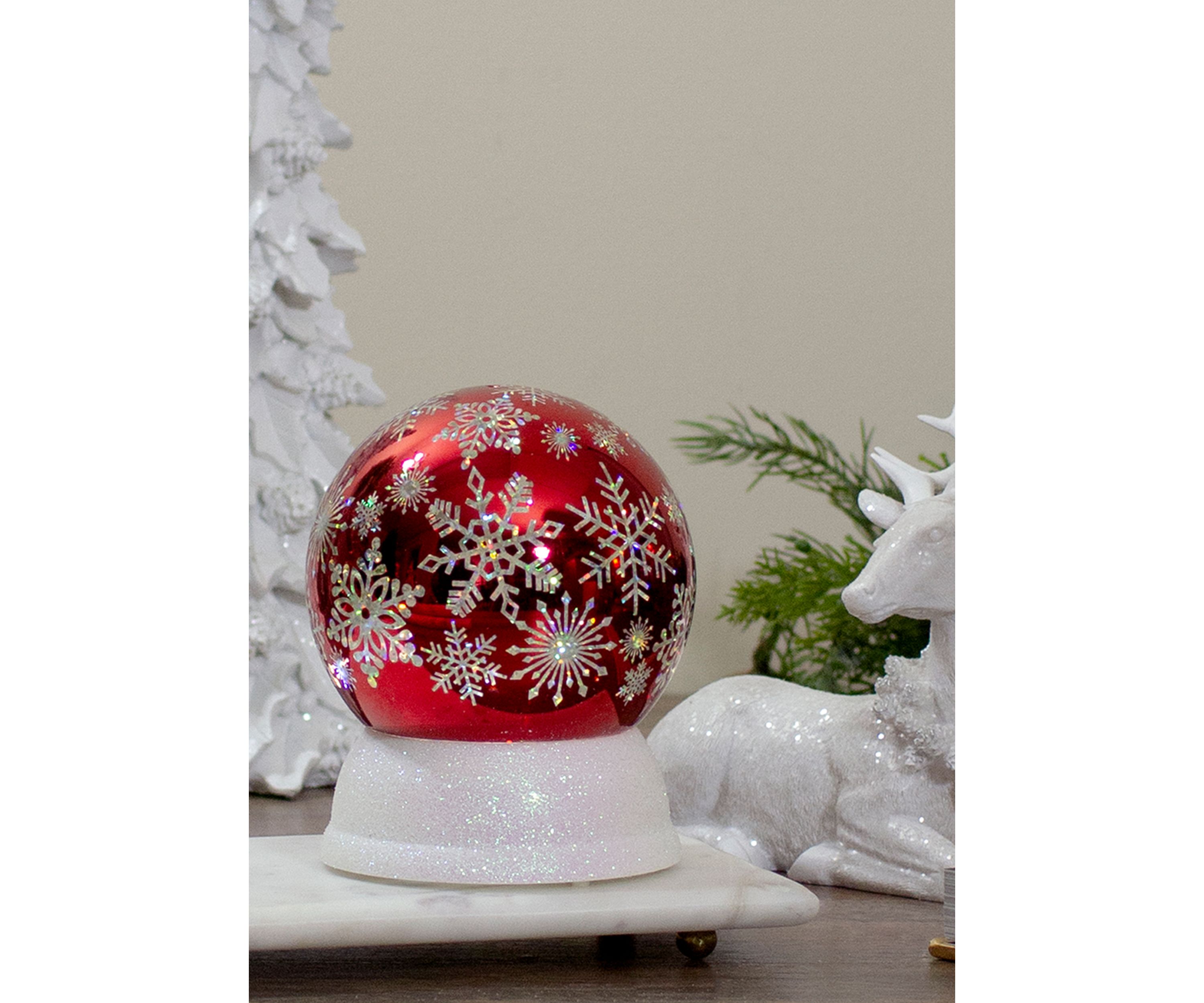 6.5Inch LED Lighted Shiny Red Snowflake Water Globe Tabletop Decoration