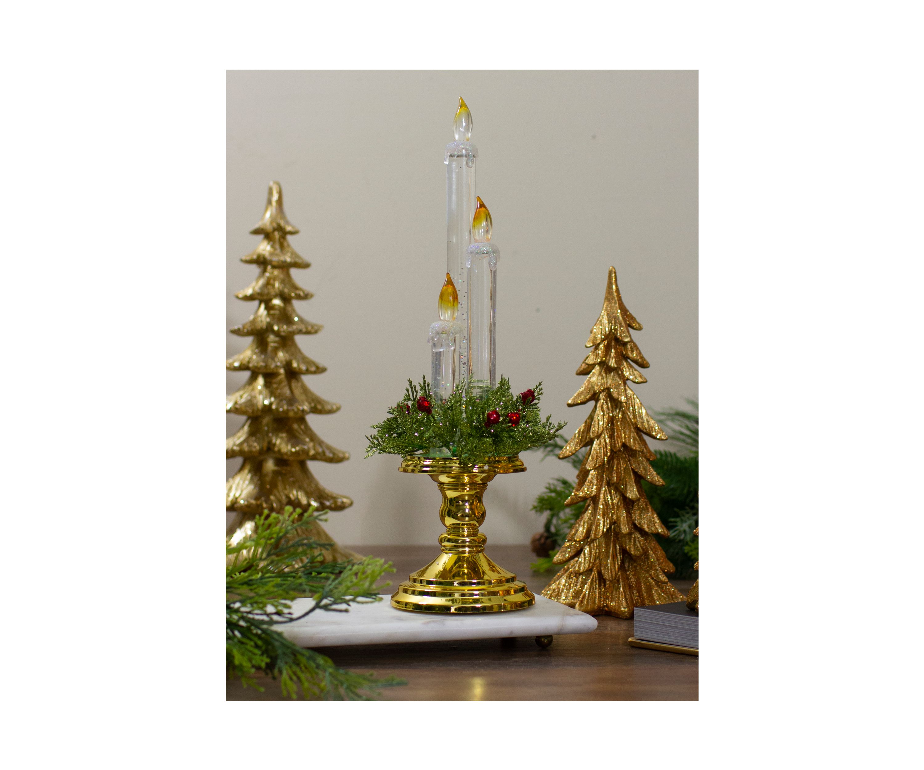 14.5Inch Lighted Water Candle on a Gold Base with Berries