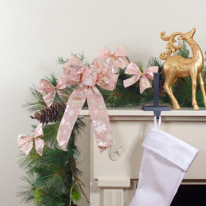 Shiny Snowflakes Christmas Bow Decorations - 5.5" - Pink and Gold - Pack of 6