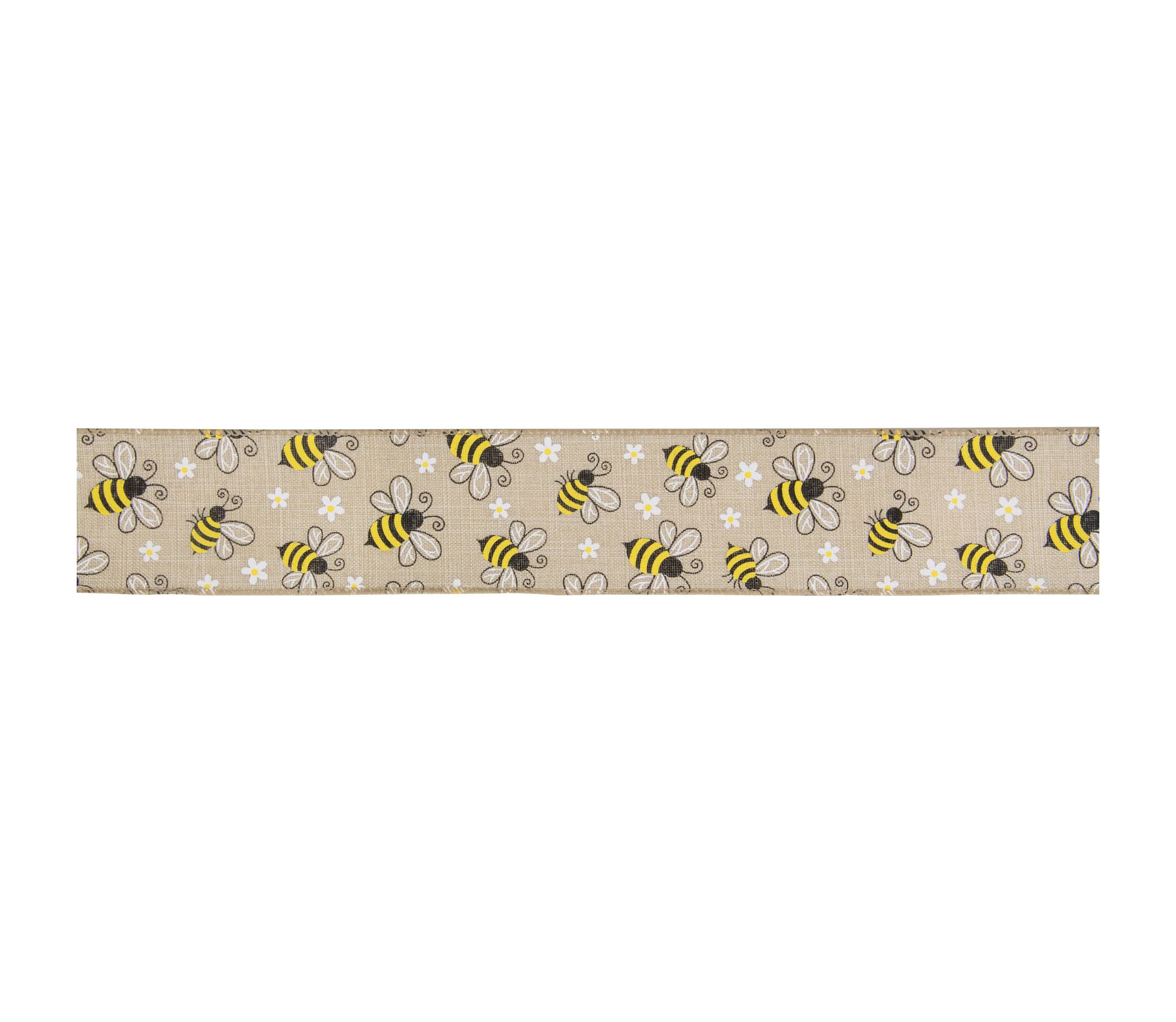 Natural Burlap Bumblebee Design Wired Spring Craft Ribbon 2.5" x 10 Yards