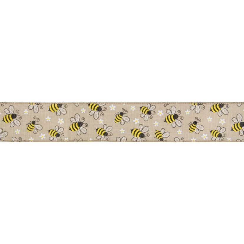 Natural Burlap Bumblebee Design Wired Spring Craft Ribbon 2.5" x 10 Yards
