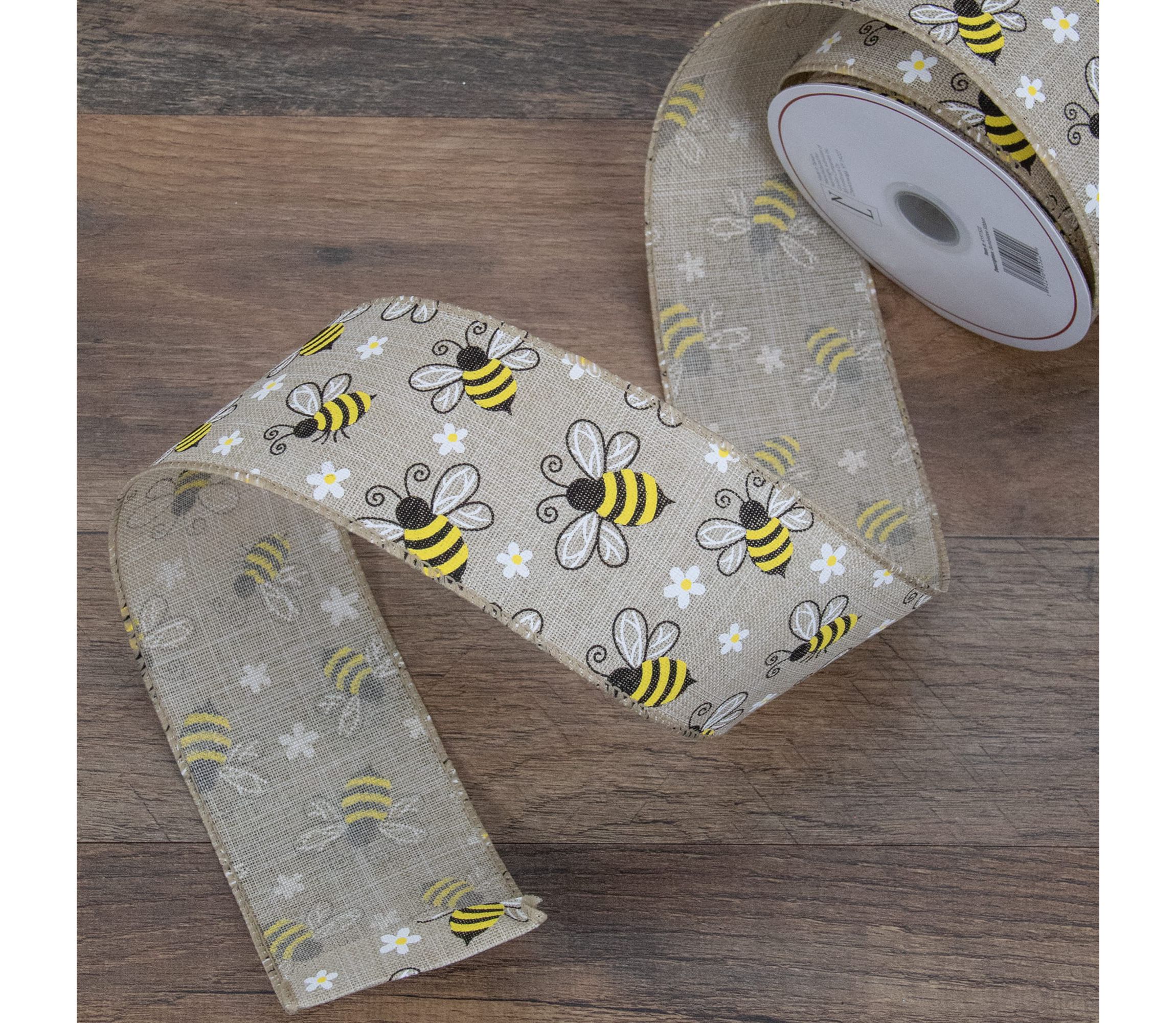 Natural Burlap Bumblebee Design Wired Spring Craft Ribbon 2.5" x 10 Yards