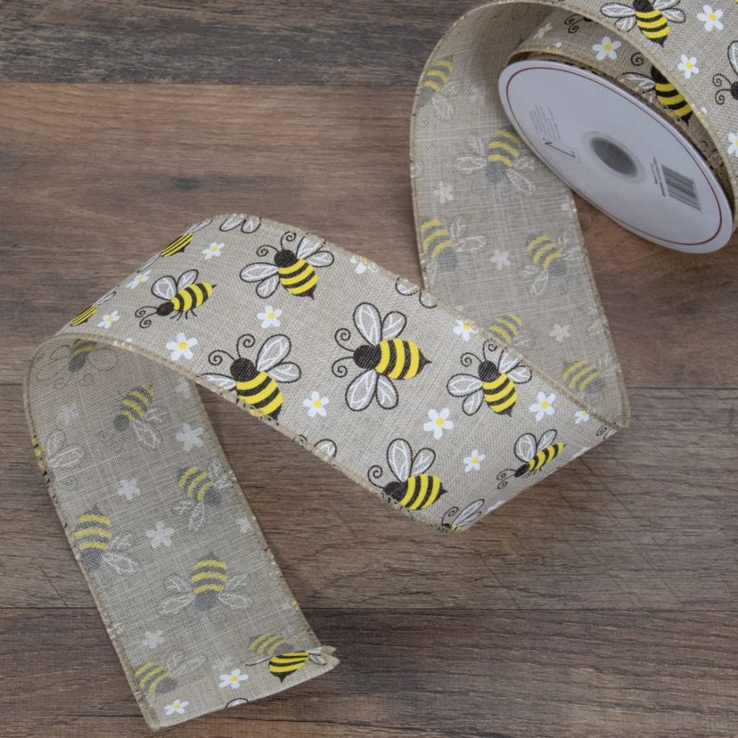 Natural Burlap Bumblebee Design Wired Spring Craft Ribbon 2.5" x 10 Yards