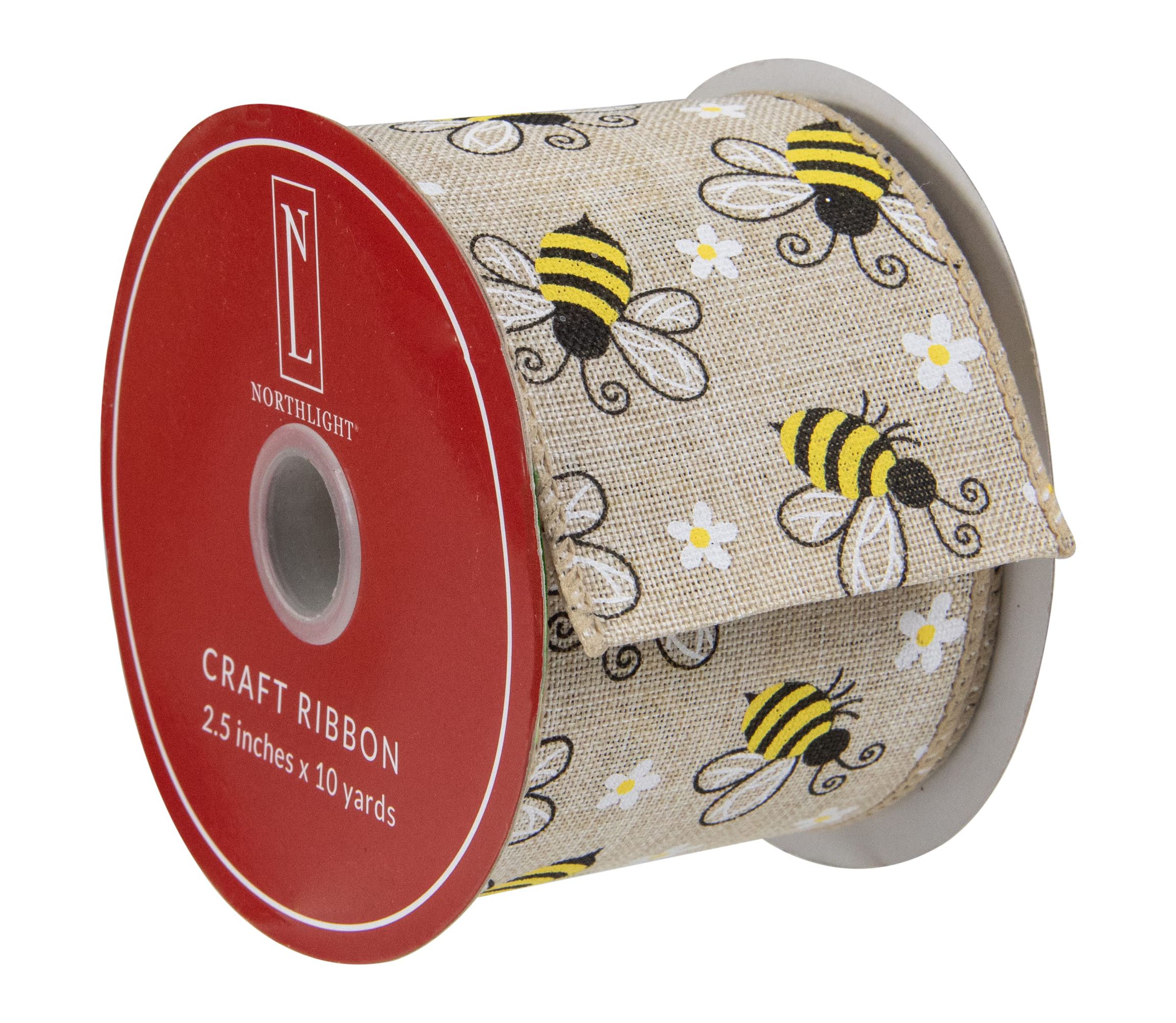 Natural Burlap Bumblebee Design Wired Spring Craft Ribbon 2.5" x 10 Yards
