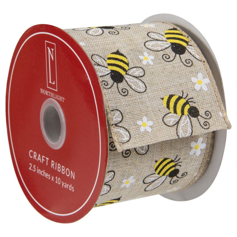 Natural Burlap Bumblebee Design Wired Spring Craft Ribbon 2.5" x 10 Yards