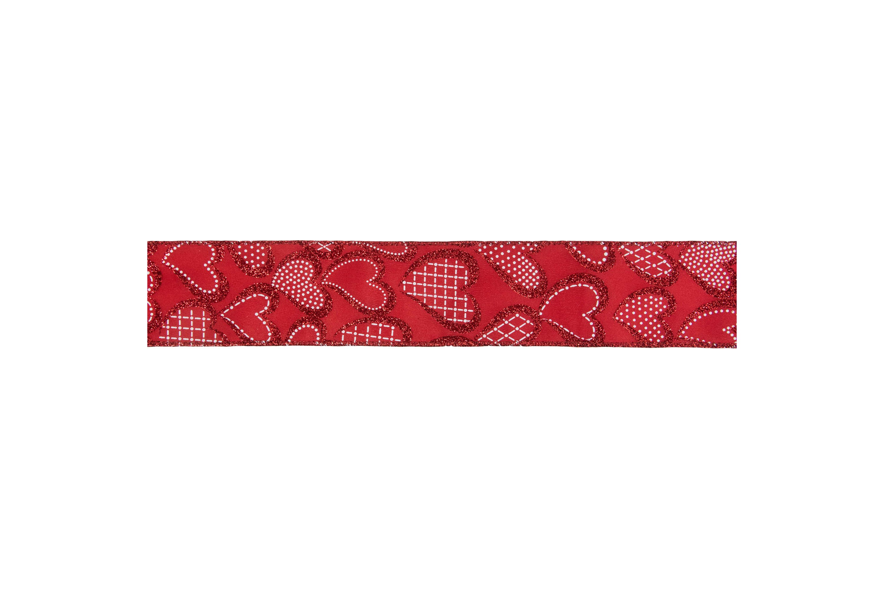 Red and White Glittered Hearts Valentines Day Wired Craft Ribbon 2.5" x 10 Yards