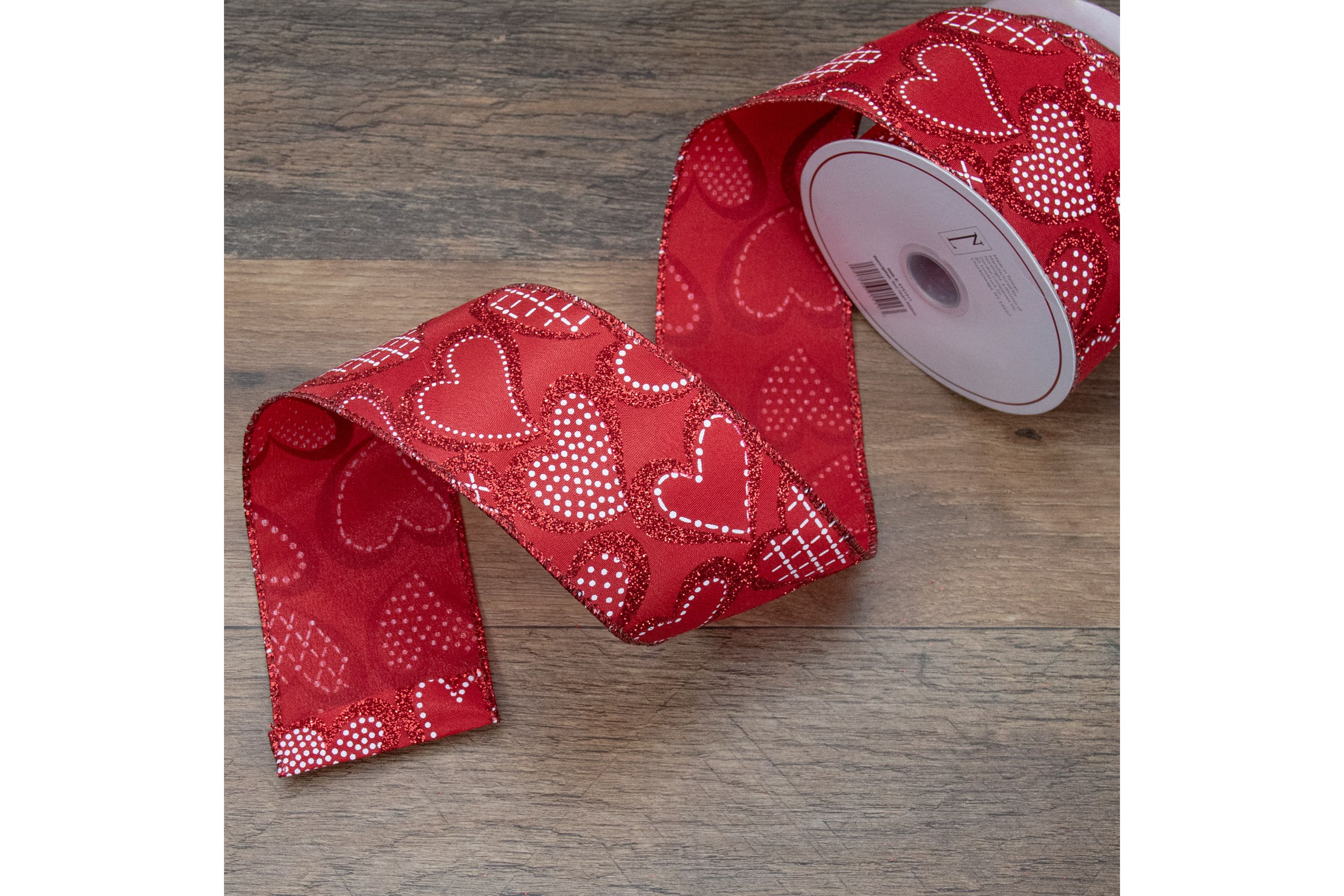 Red and White Glittered Hearts Valentines Day Wired Craft Ribbon 2.5" x 10 Yards