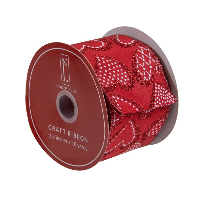 Red and White Glittered Hearts Valentines Day Wired Craft Ribbon 2.5" x 10 Yards