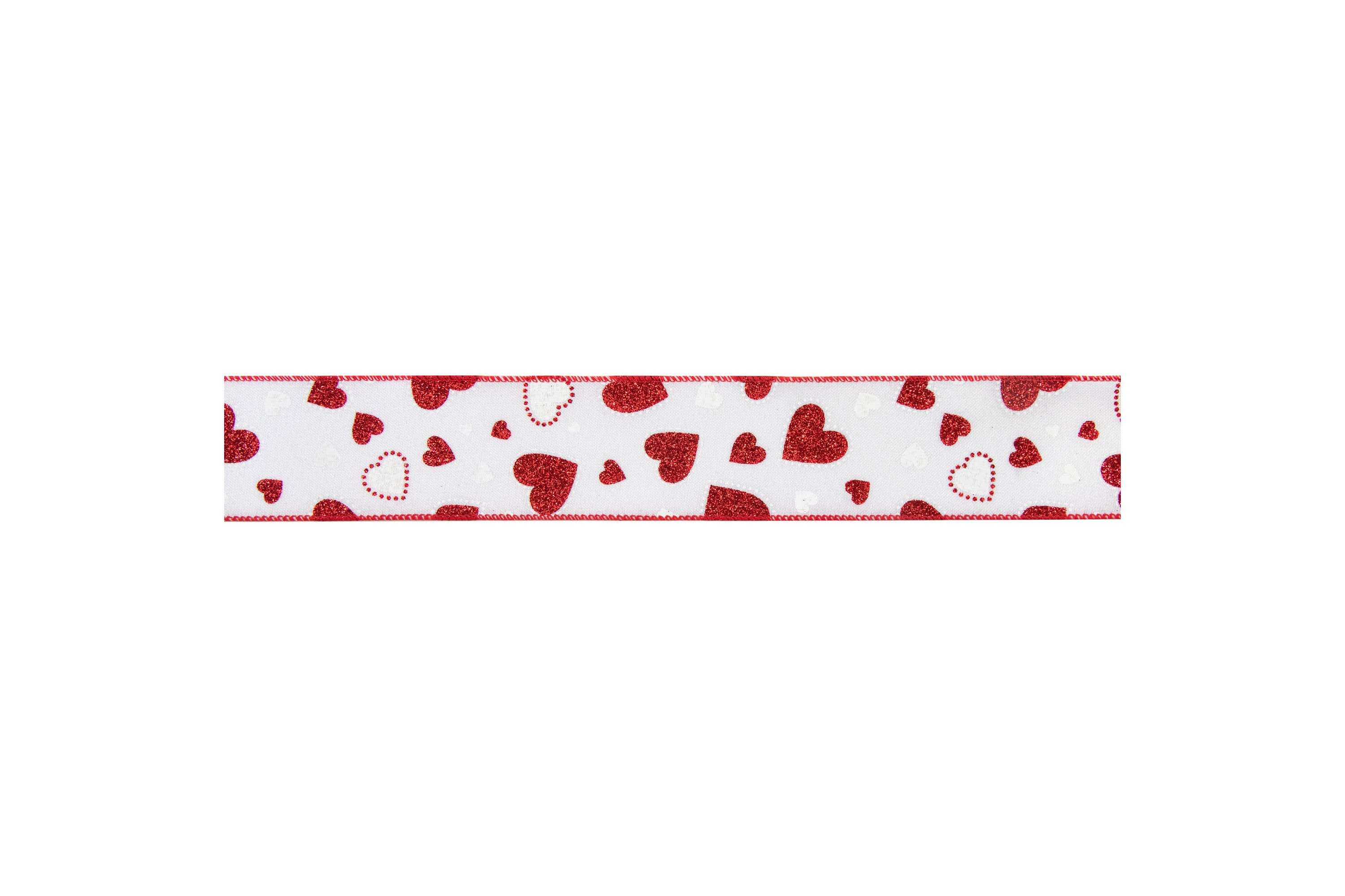 White and Red Glitter Hearts Valentines Day Wired Craft Ribbon 2.5" x 10 Yards