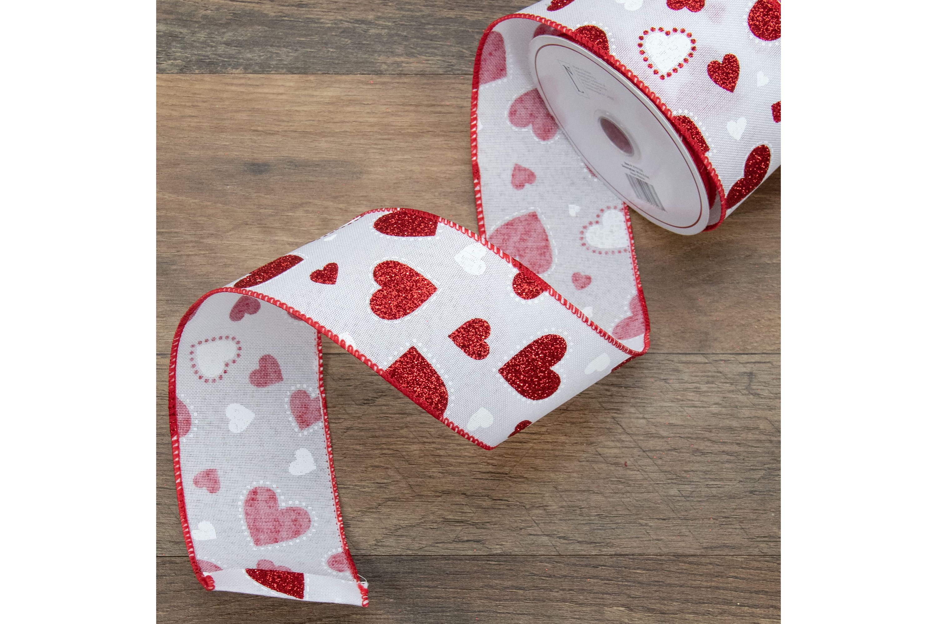 White and Red Glitter Hearts Valentines Day Wired Craft Ribbon 2.5" x 10 Yards