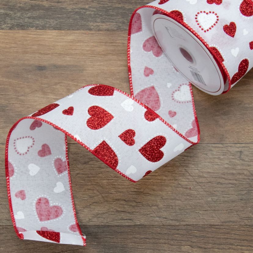 White and Red Glitter Hearts Valentines Day Wired Craft Ribbon 2.5" x 10 Yards