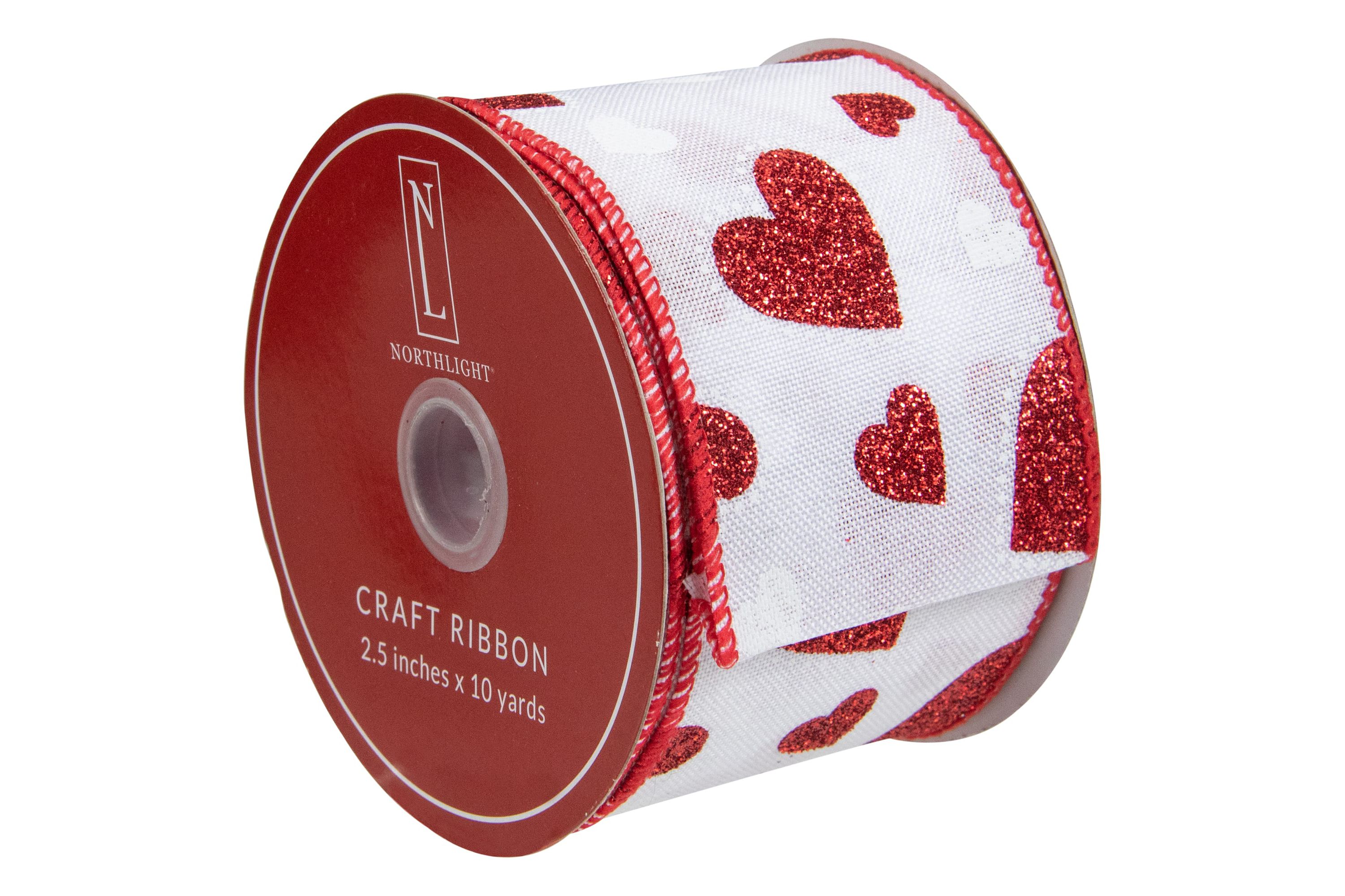 White and Red Glitter Hearts Valentines Day Wired Craft Ribbon 2.5" x 10 Yards