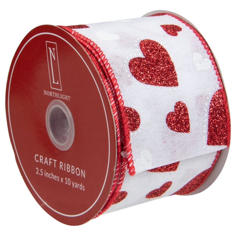 White and Red Glitter Hearts Valentines Day Wired Craft Ribbon 2.5" x 10 Yards