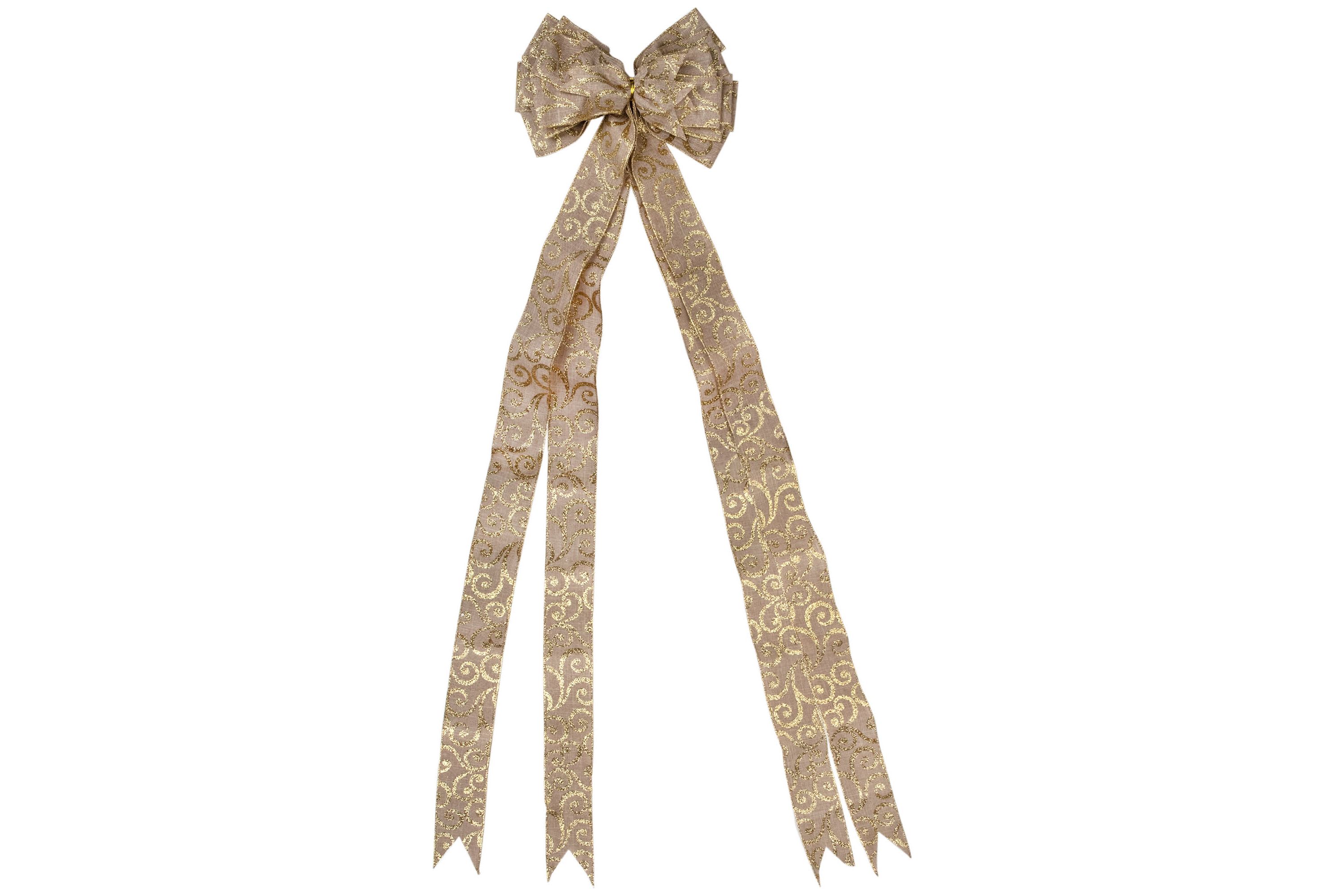 48" x 10" Burlap and Gold Scroll 16 Loop Christmas Bow Decoration