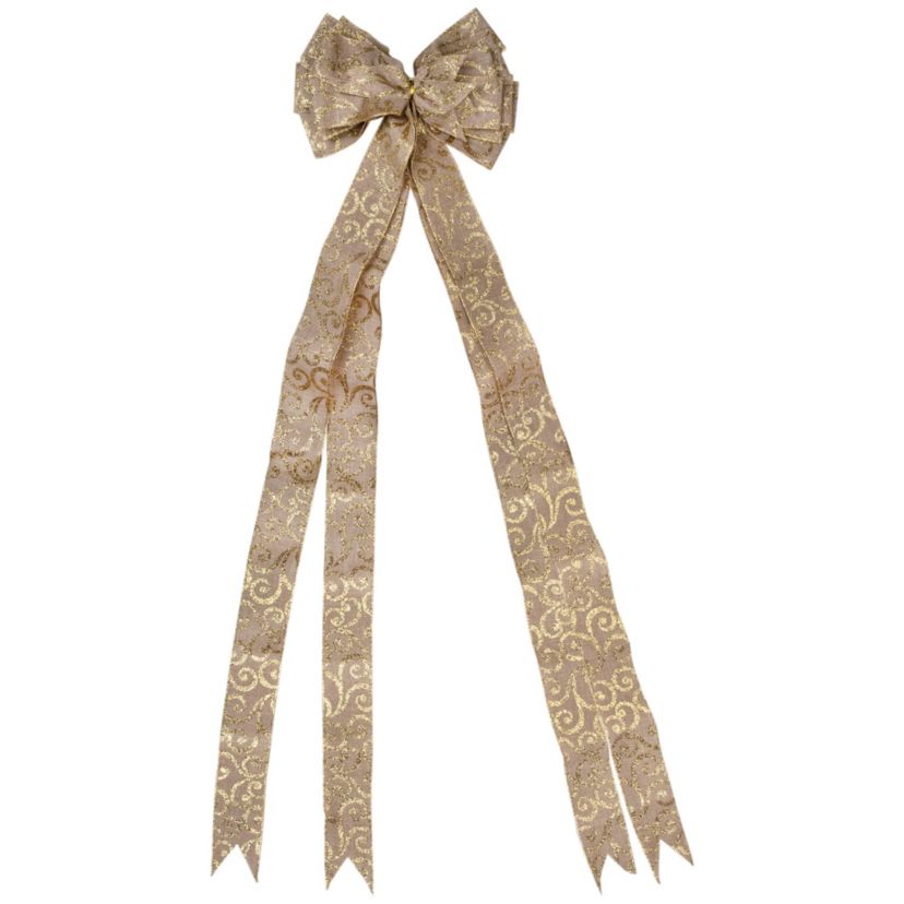 48" x 10" Burlap and Gold Scroll 16 Loop Christmas Bow Decoration