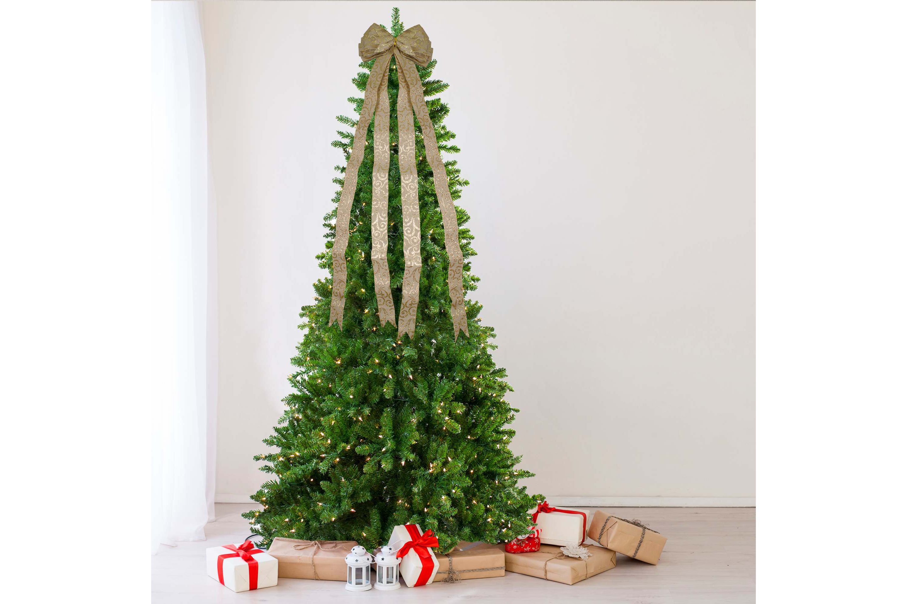 48" x 10" Burlap and Gold Scroll 16 Loop Christmas Bow Decoration