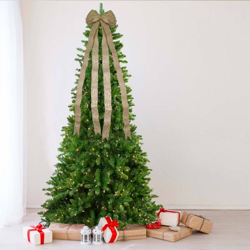 48" x 10" Burlap and Gold Scroll 16 Loop Christmas Bow Decoration