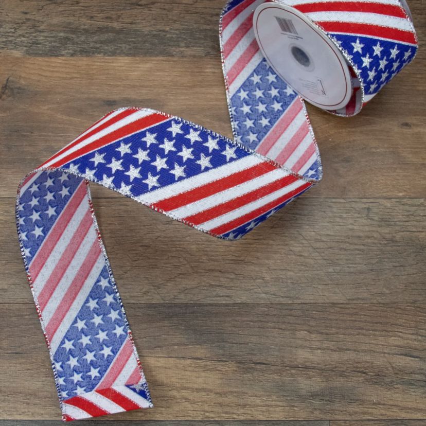 Patriotic Stars and Stripes Flag Wired Craft Ribbon 2.5" x 10 Yards