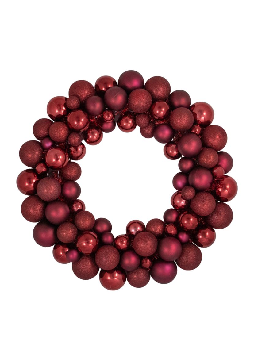 Burgundy 3-Finish Shatterproof Ball Christmas Wreath - 24Inch  Unlit