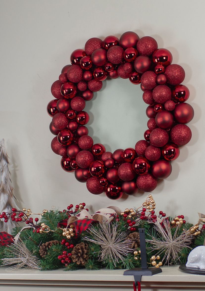 Burgundy 3-Finish Shatterproof Ball Christmas Wreath - 24Inch  Unlit
