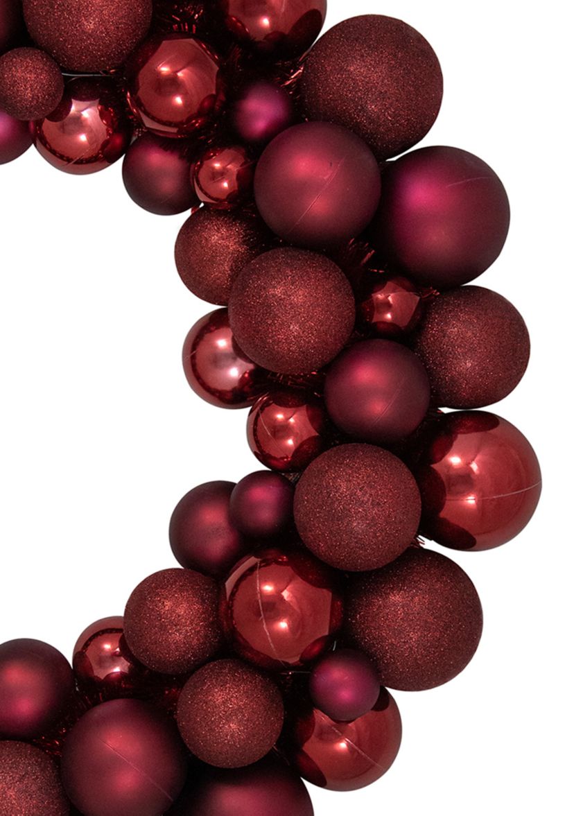 Burgundy 3-Finish Shatterproof Ball Christmas Wreath - 24Inch  Unlit