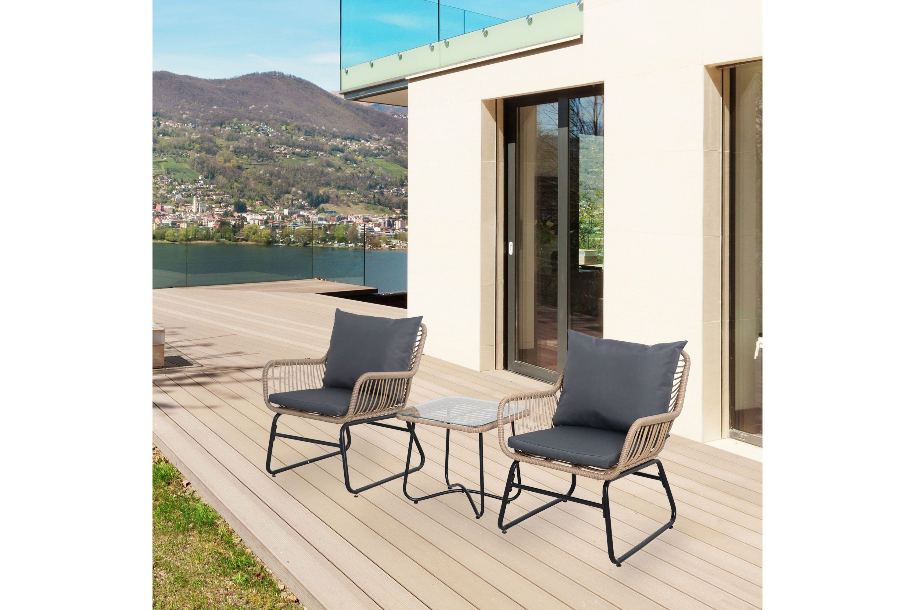 3-Piece Santa Cruz Rattan Outdoor Patio Chat Set with Cushions