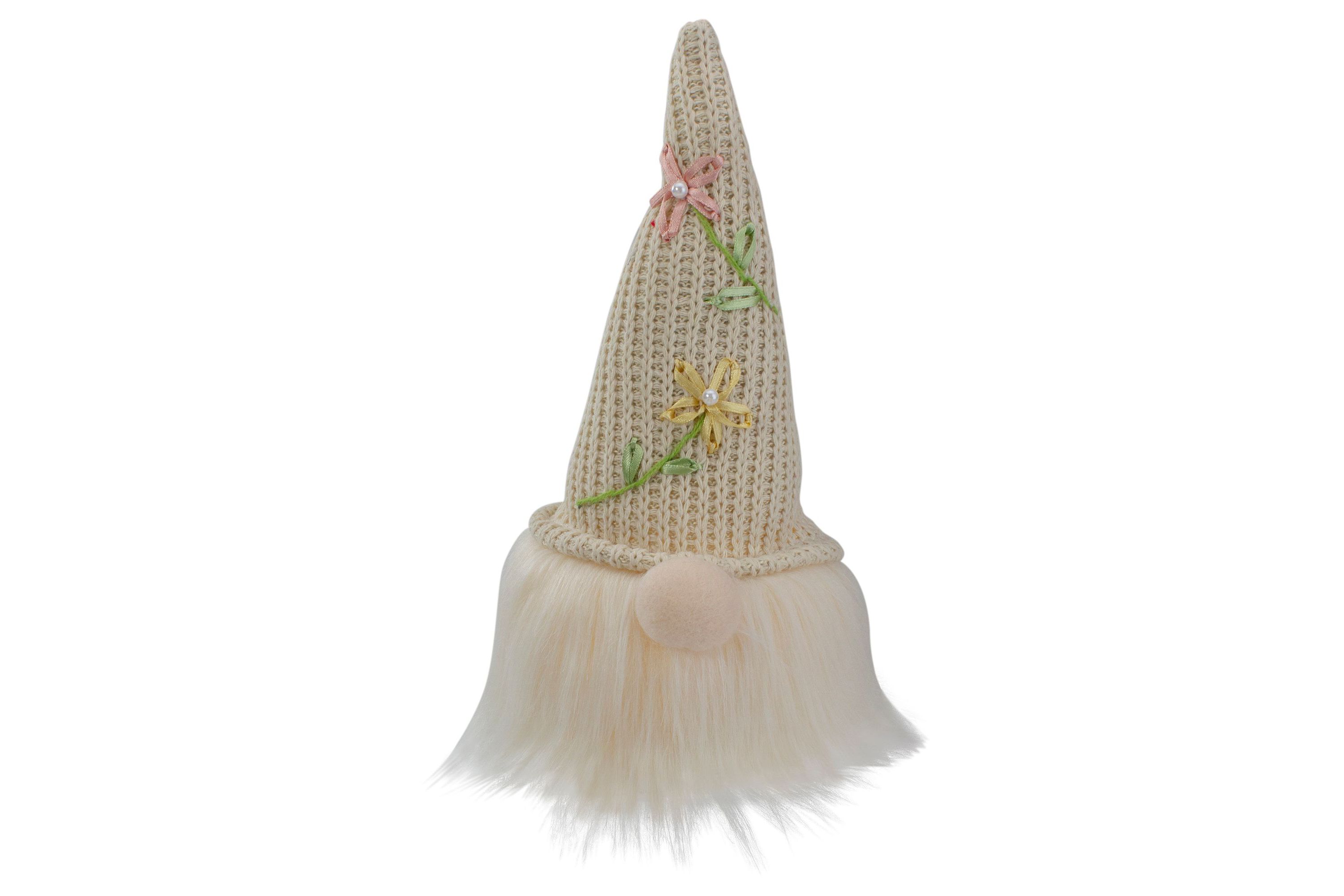 10" Lighted Cream Sitting Gnome Figure Head with a Knitted Hat