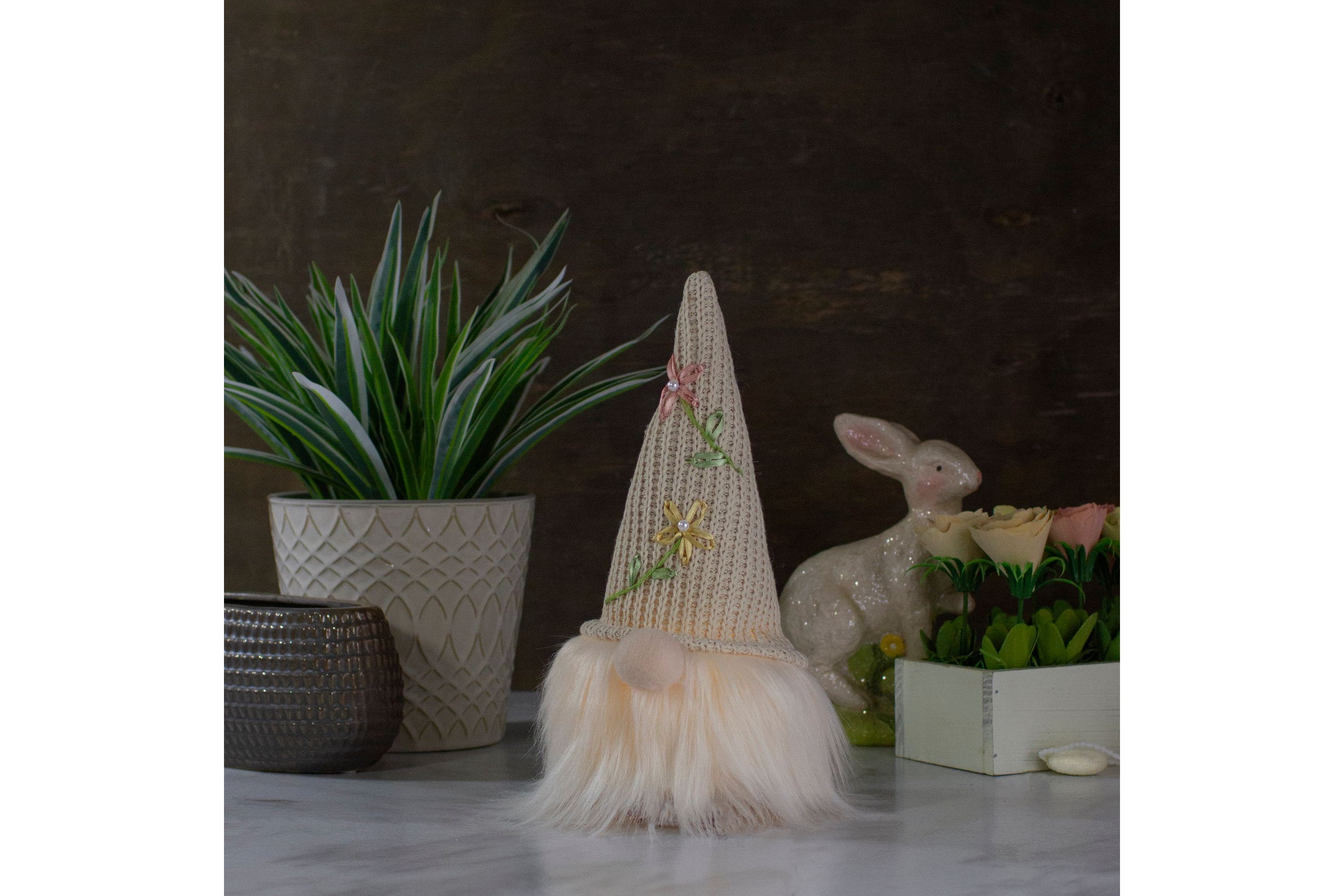 10" Lighted Cream Sitting Gnome Figure Head with a Knitted Hat
