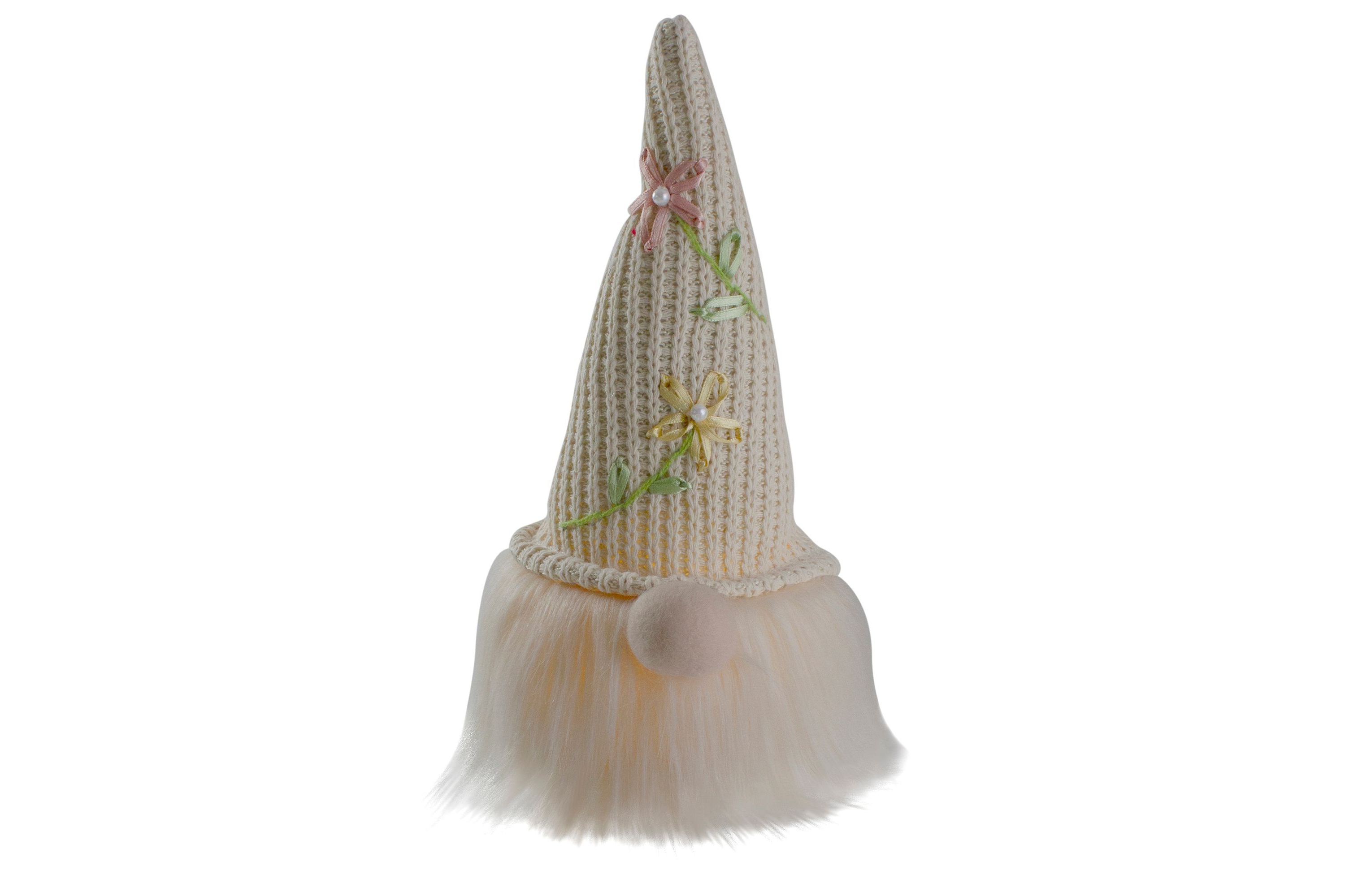 10" Lighted Cream Sitting Gnome Figure Head with a Knitted Hat
