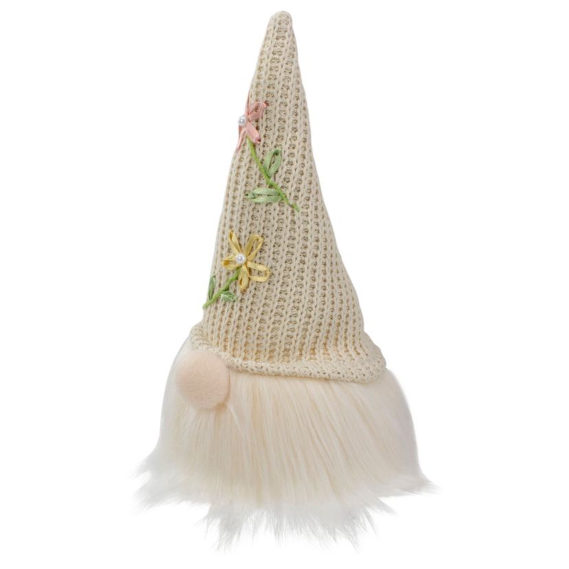 10" Lighted Cream Sitting Gnome Figure Head with a Knitted Hat
