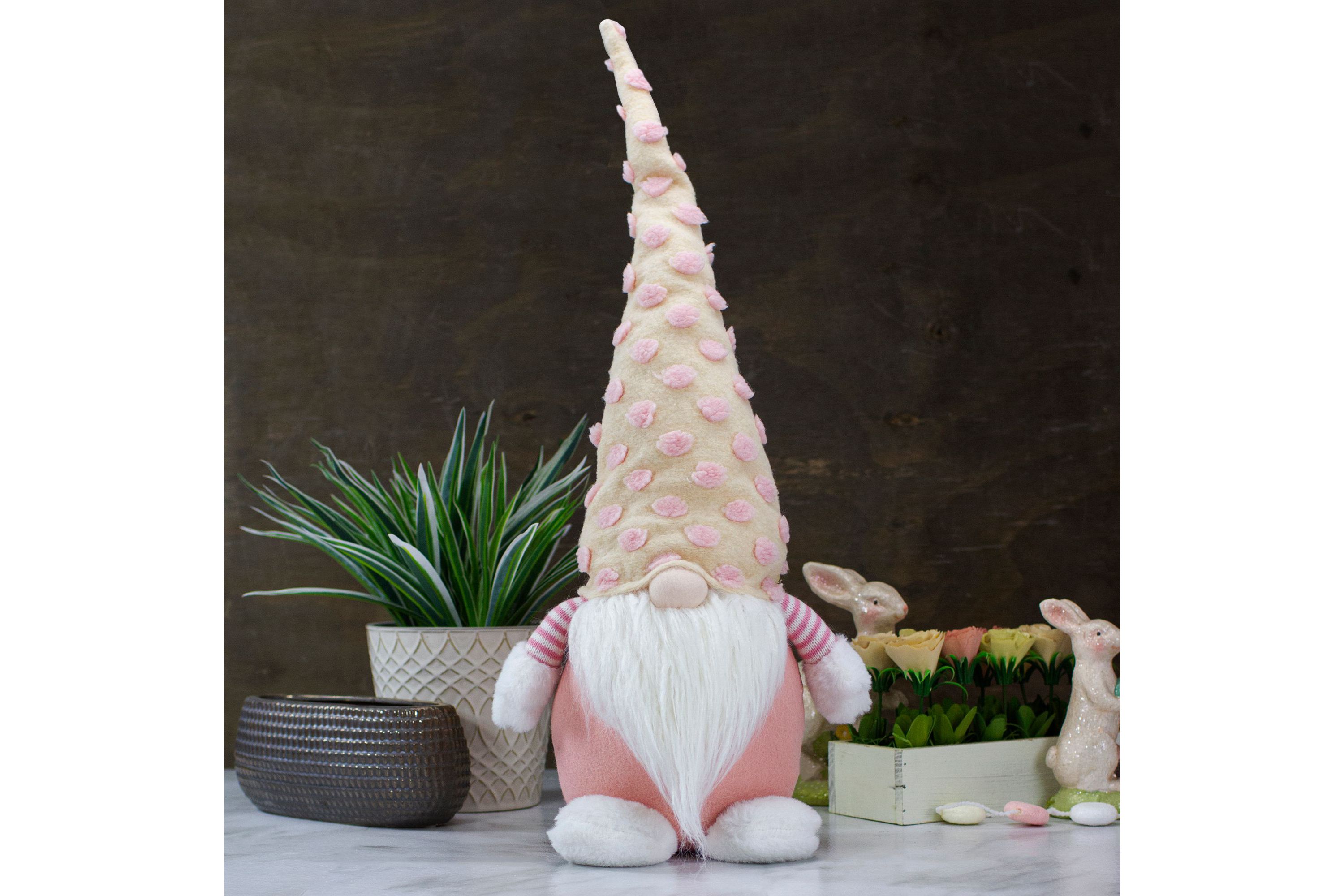 24" Pink and Yellow Standing Spring Plush Gnome Figure with a Polka Dot Hat