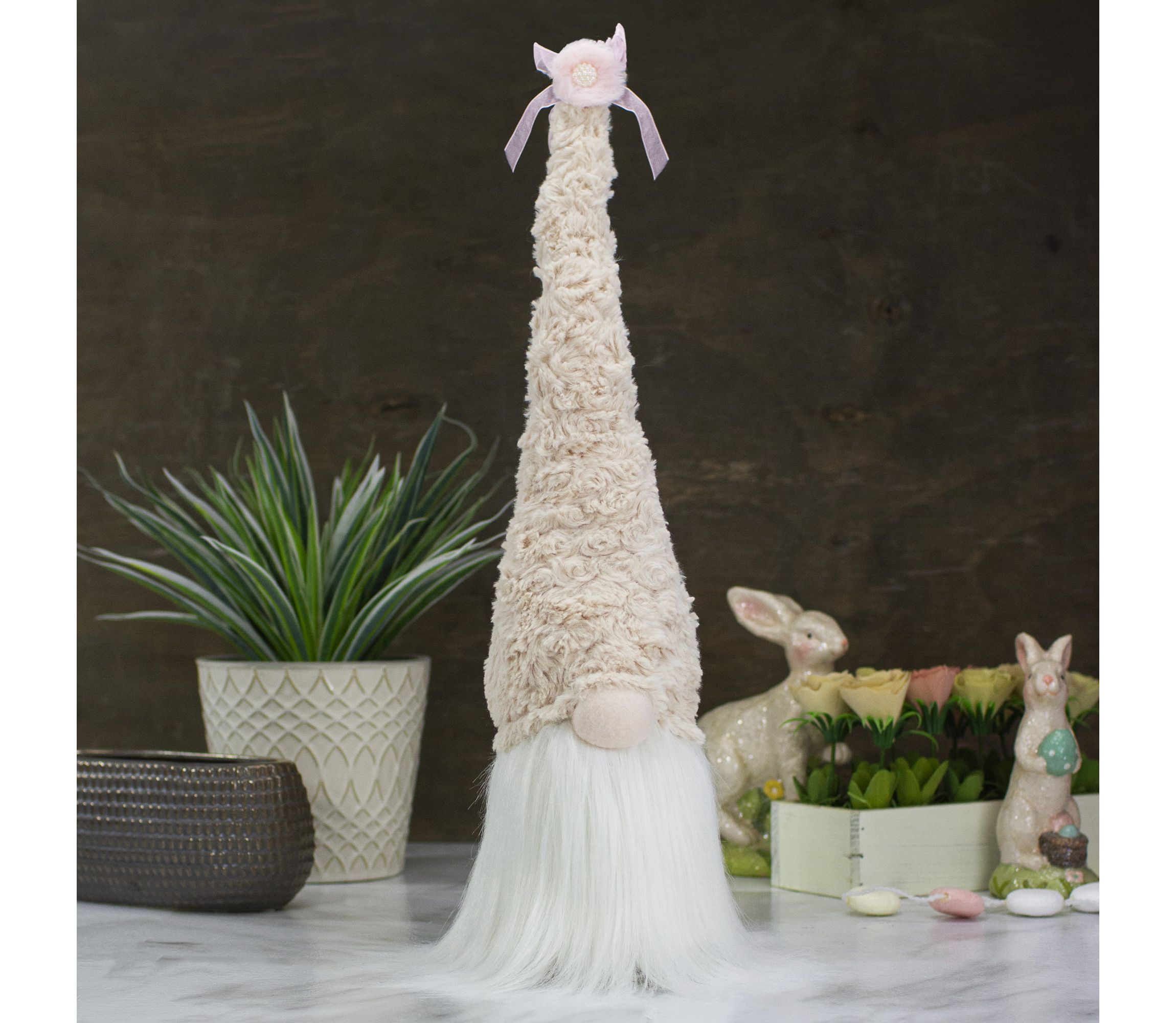 Spring Gnome Head with Bow Decoration - 21.5" - Pink and White