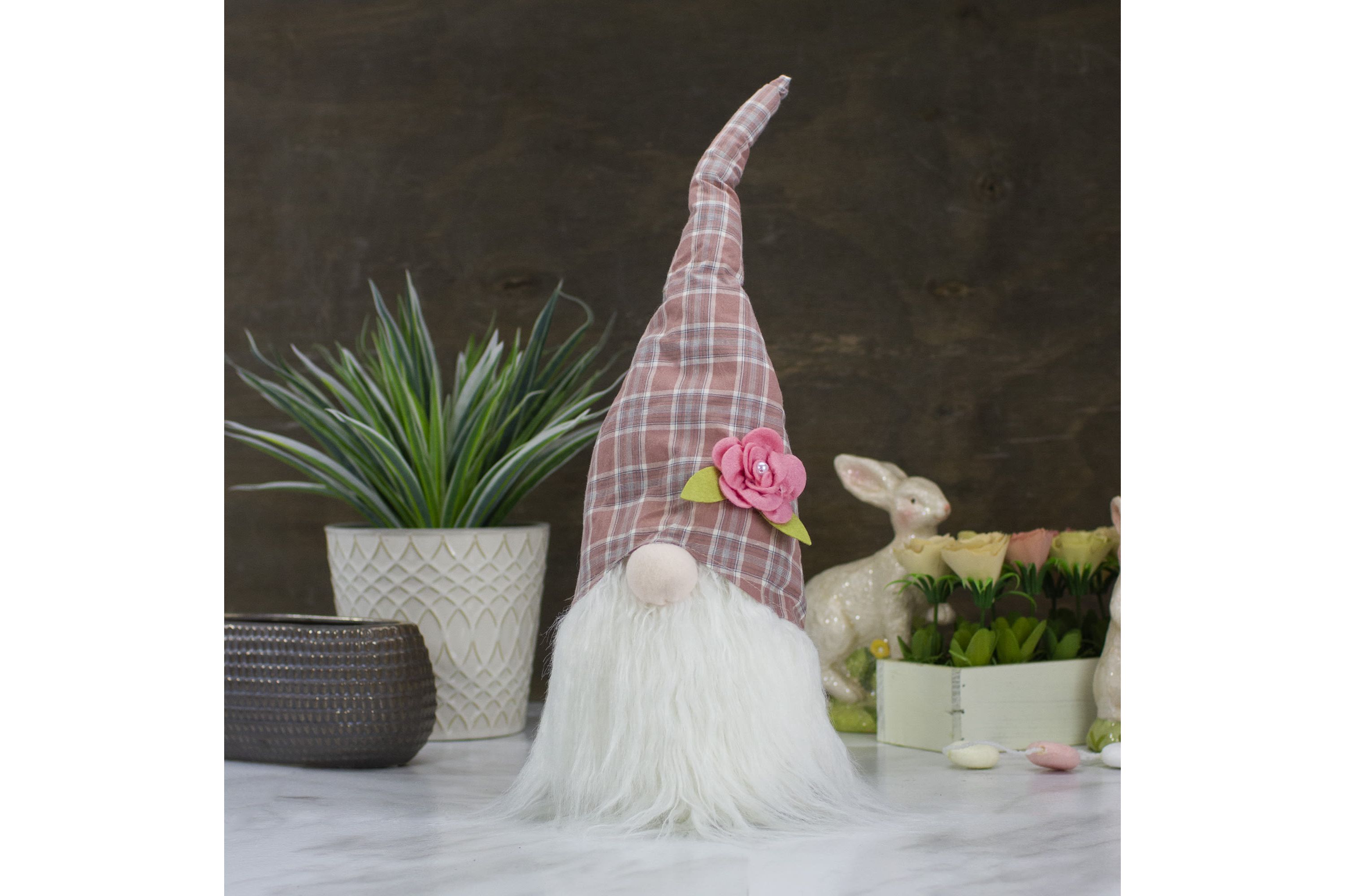 Plaid Floral Spring Gnome Head Decoration - 20" - Pink and White