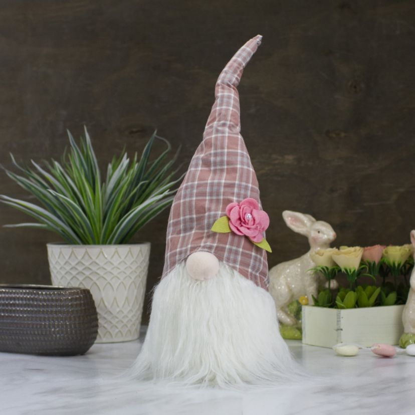 Plaid Floral Spring Gnome Head Decoration - 20" - Pink and White