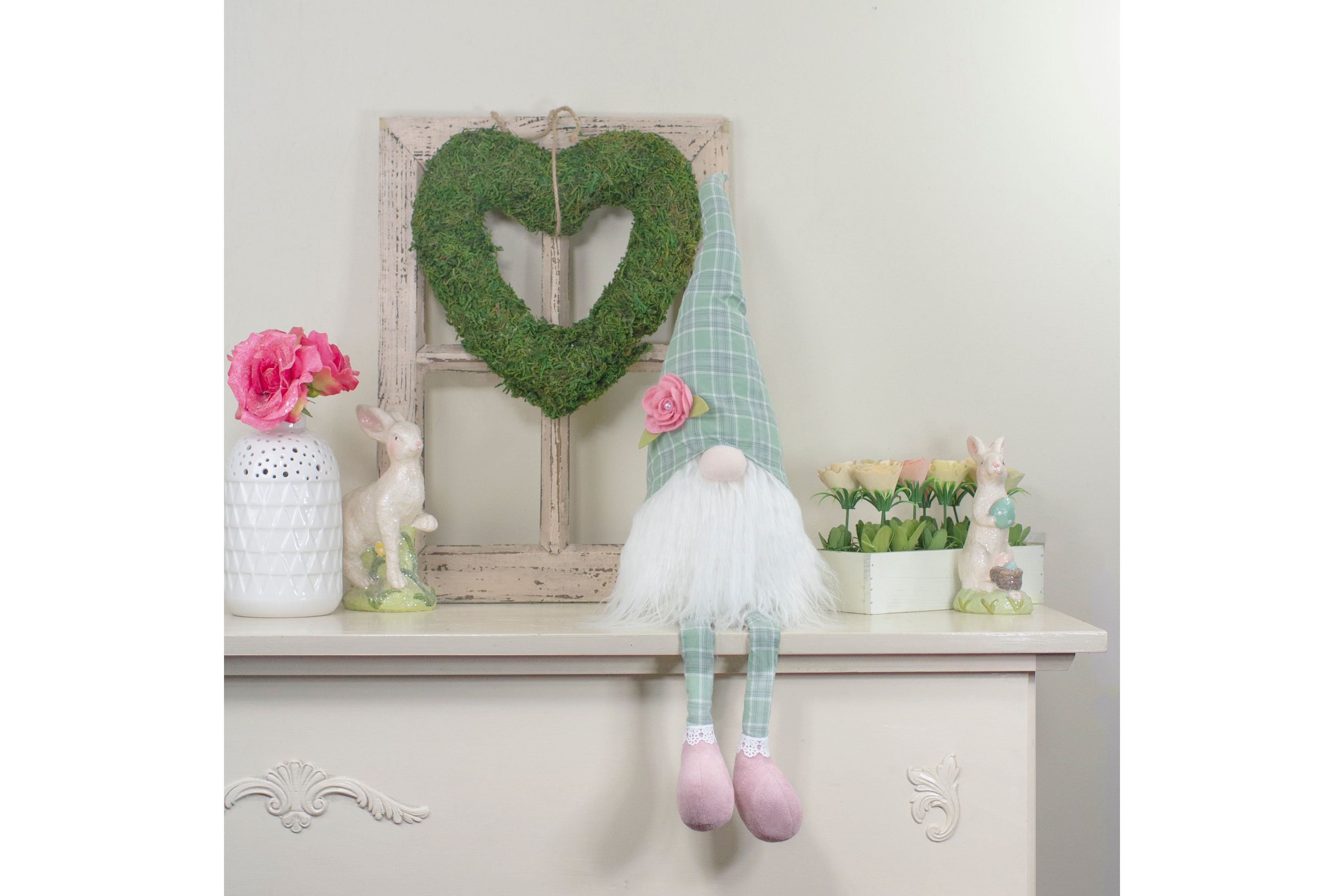 28" Green and White Plaid Spring Gnome Table Top Figure with Dangling Legs