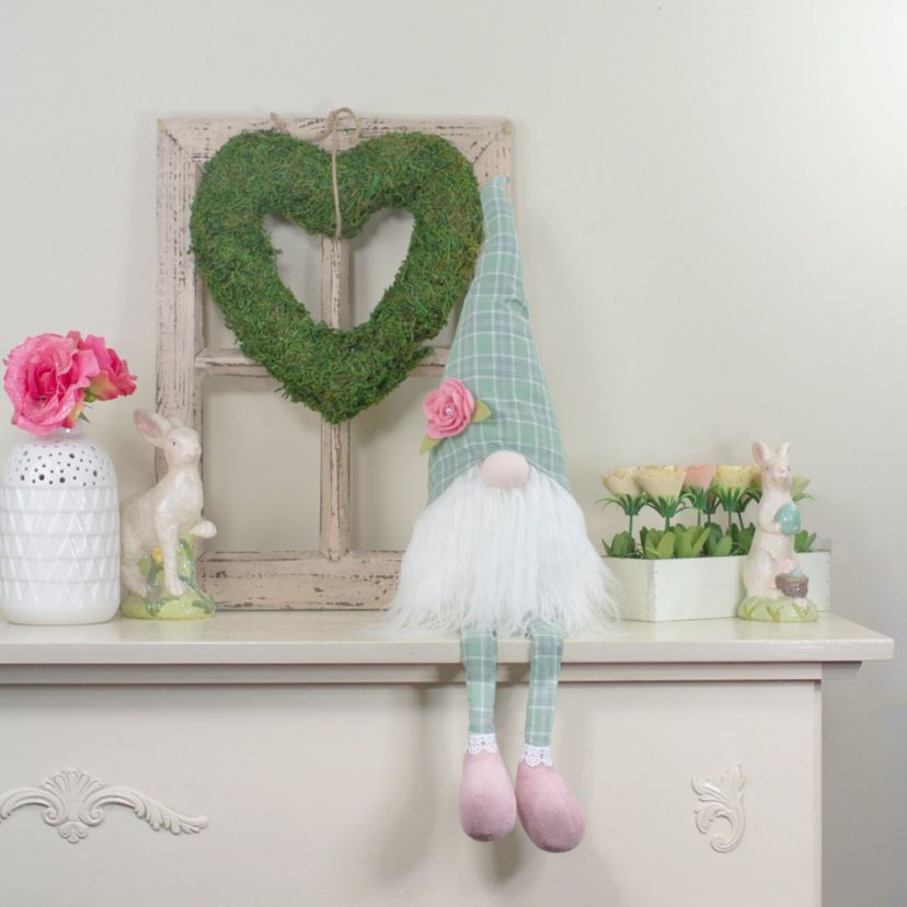 28" Green and White Plaid Spring Gnome Table Top Figure with Dangling Legs