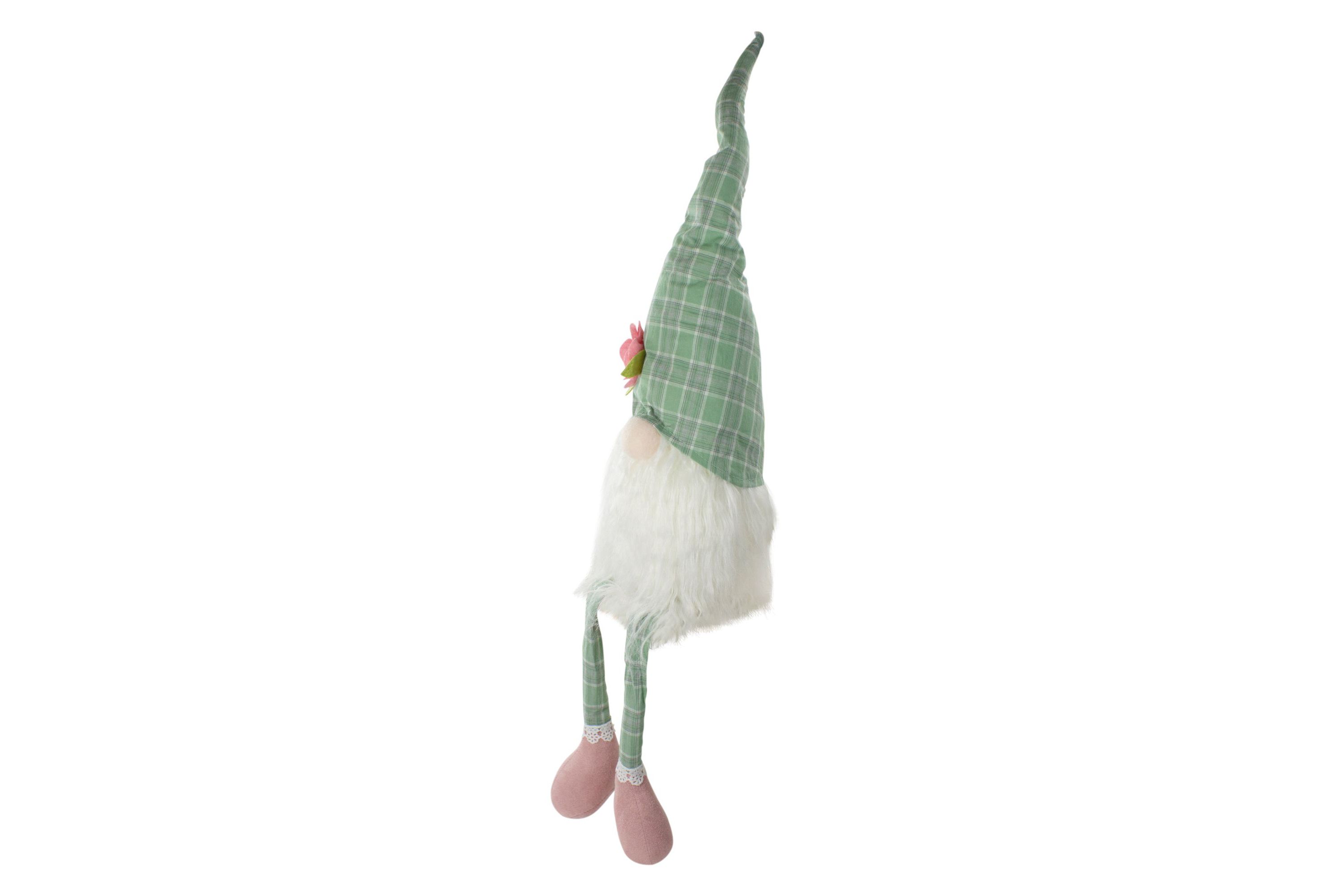 28" Green and White Plaid Spring Gnome Table Top Figure with Dangling Legs