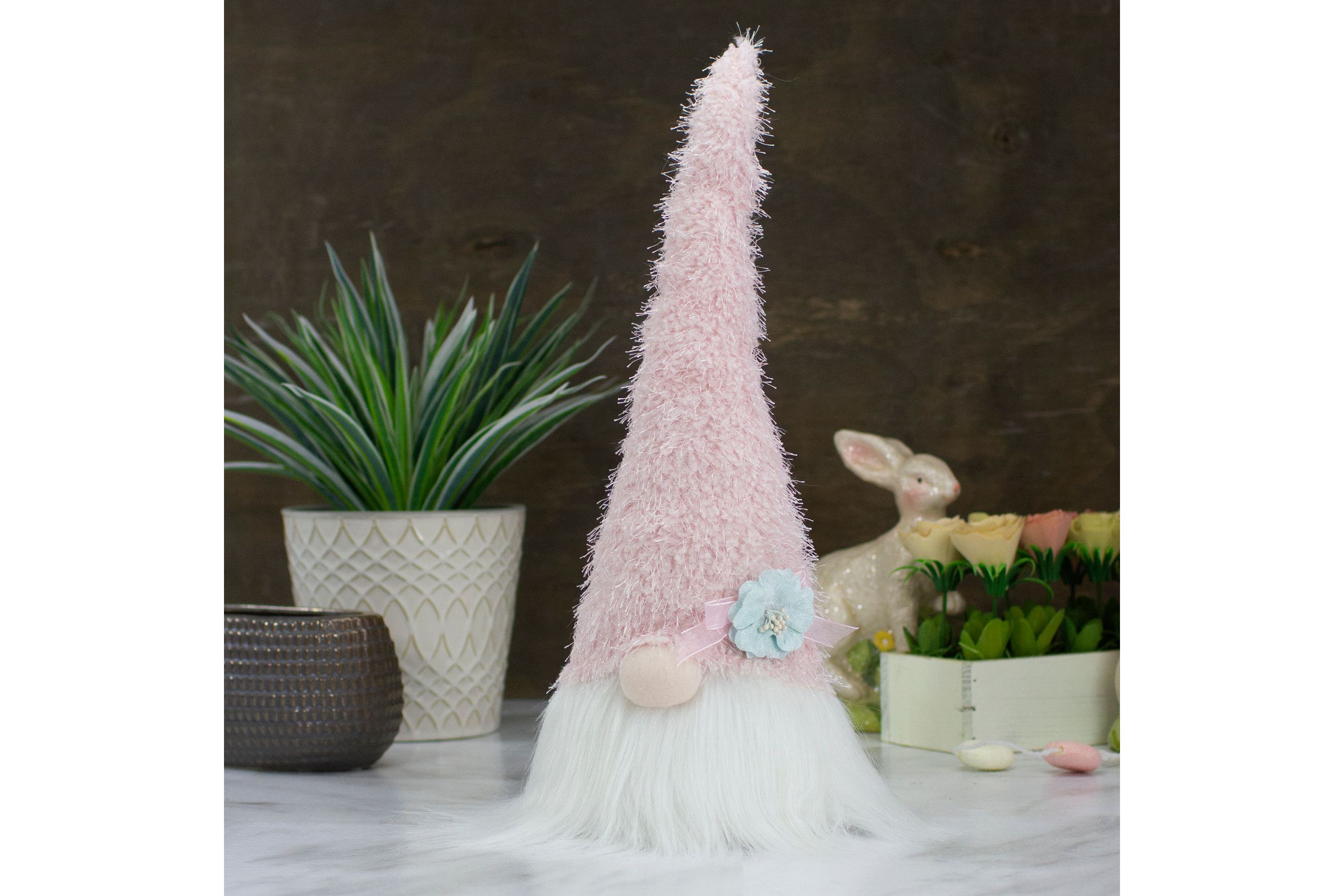16" Pink and White Spring and Easter Gnome Table Top Head with a Blue Flower