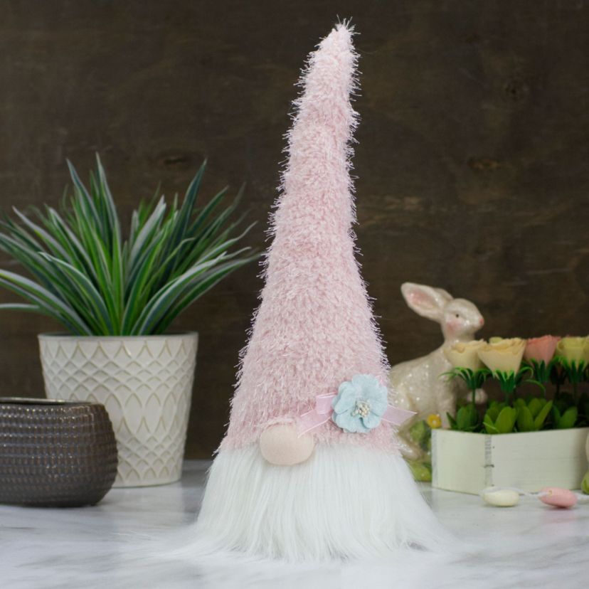 16" Pink and White Spring and Easter Gnome Table Top Head with a Blue Flower