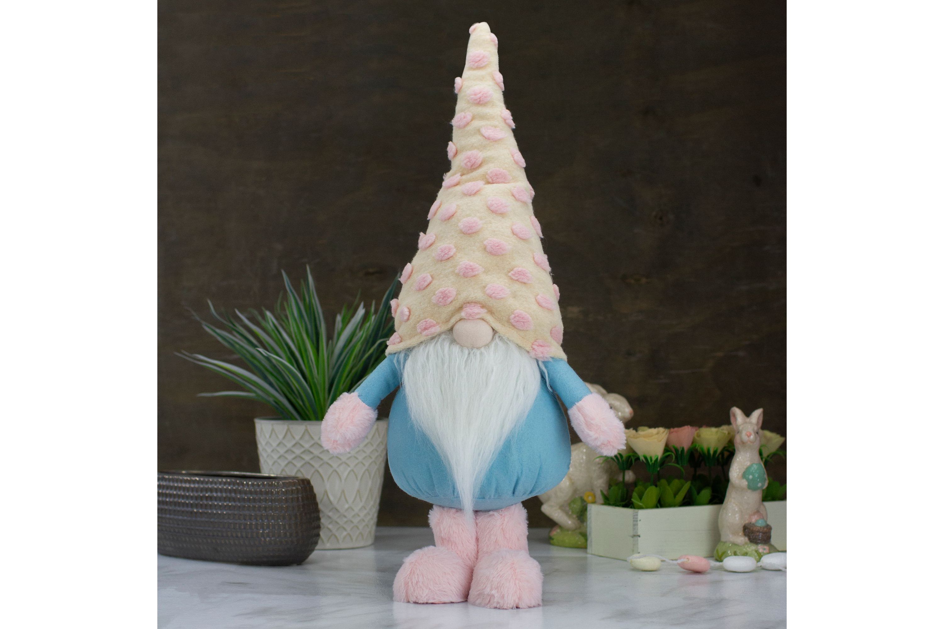 22" Blue and Pink Standing Spring Plush Gnome Figure with a Polka Dot Hat